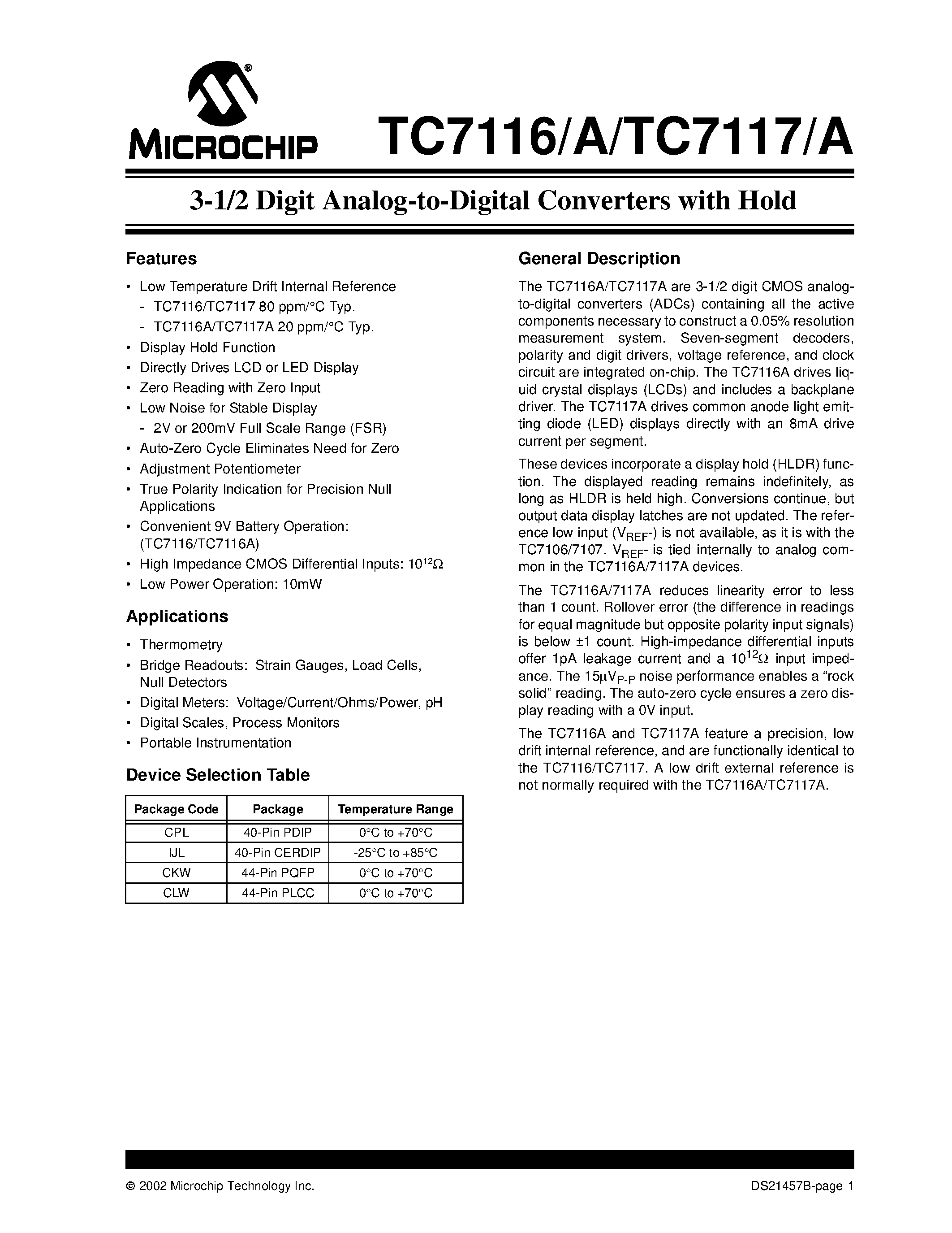 Даташит TC7117 - 3-1/2 Digit Analog-to-Digital Converters with Hold страница 1