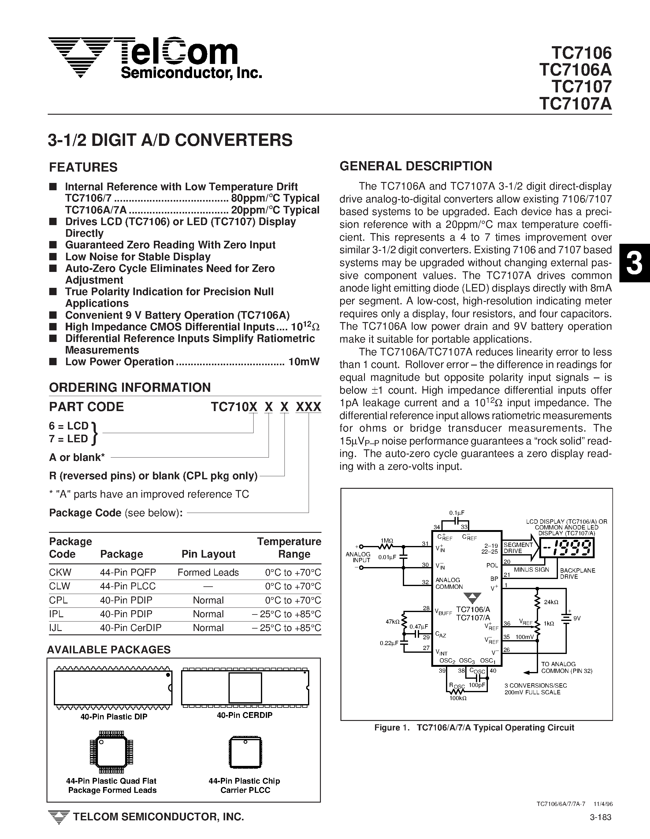 Даташит TC7107 - 3-1/2 DIGIT A/D CONVERTERS страница 1