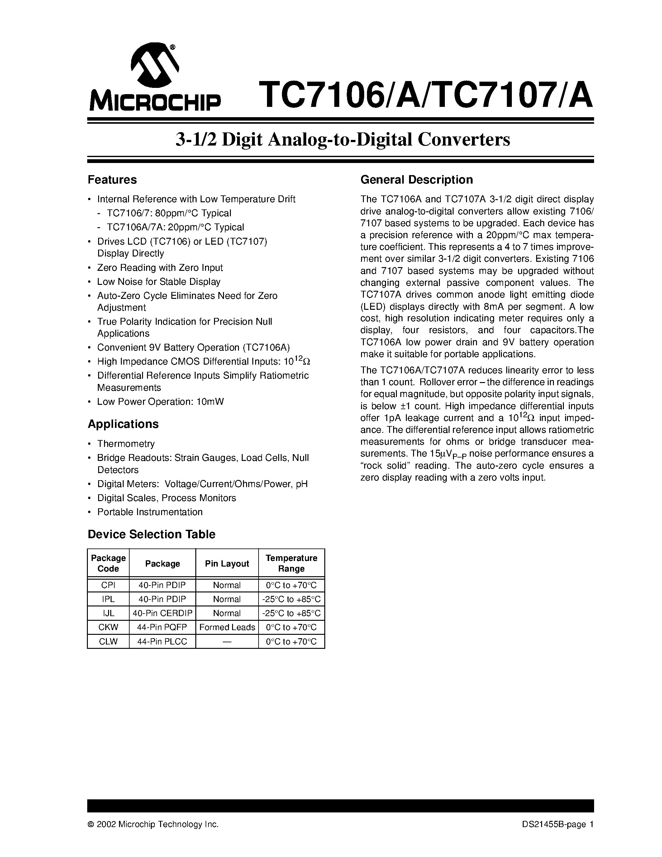 Даташит TC7107 - 3-1/2 Digit Analog-to-Digital Converters страница 1