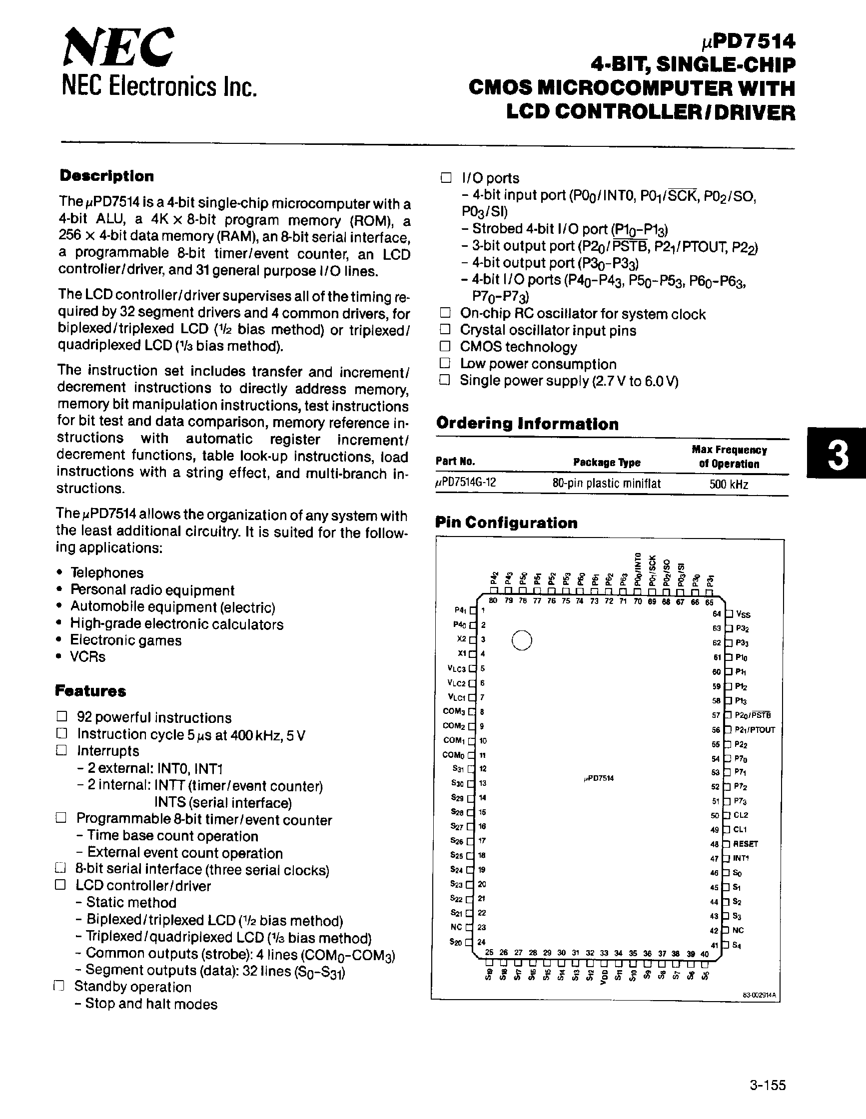 Datasheet UPD7514 - 4 Bit CMOS Microcomputer page 1