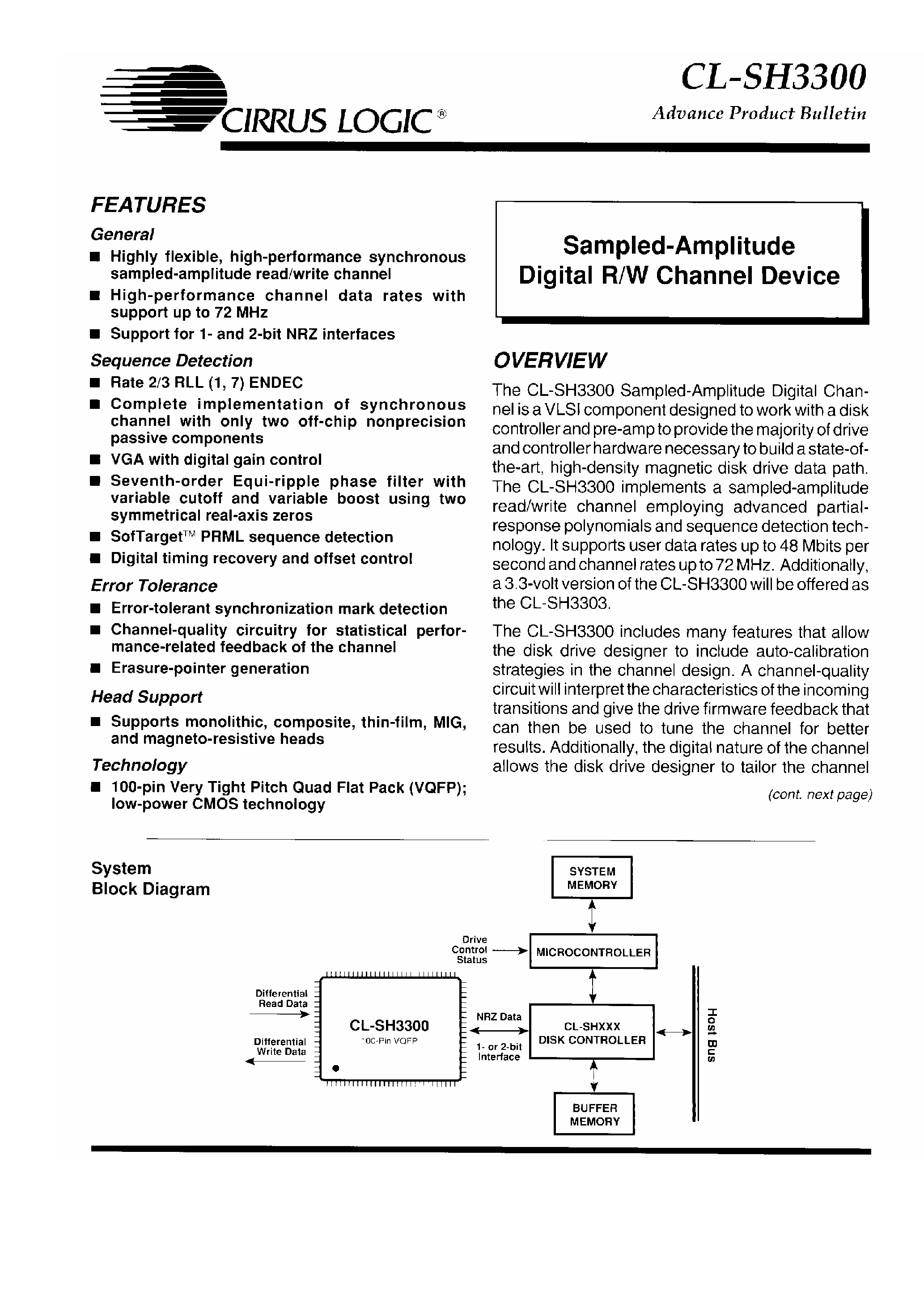 Даташит CLSH3300 - Sampled Amplitude Digital R/W Channel Device страница 1