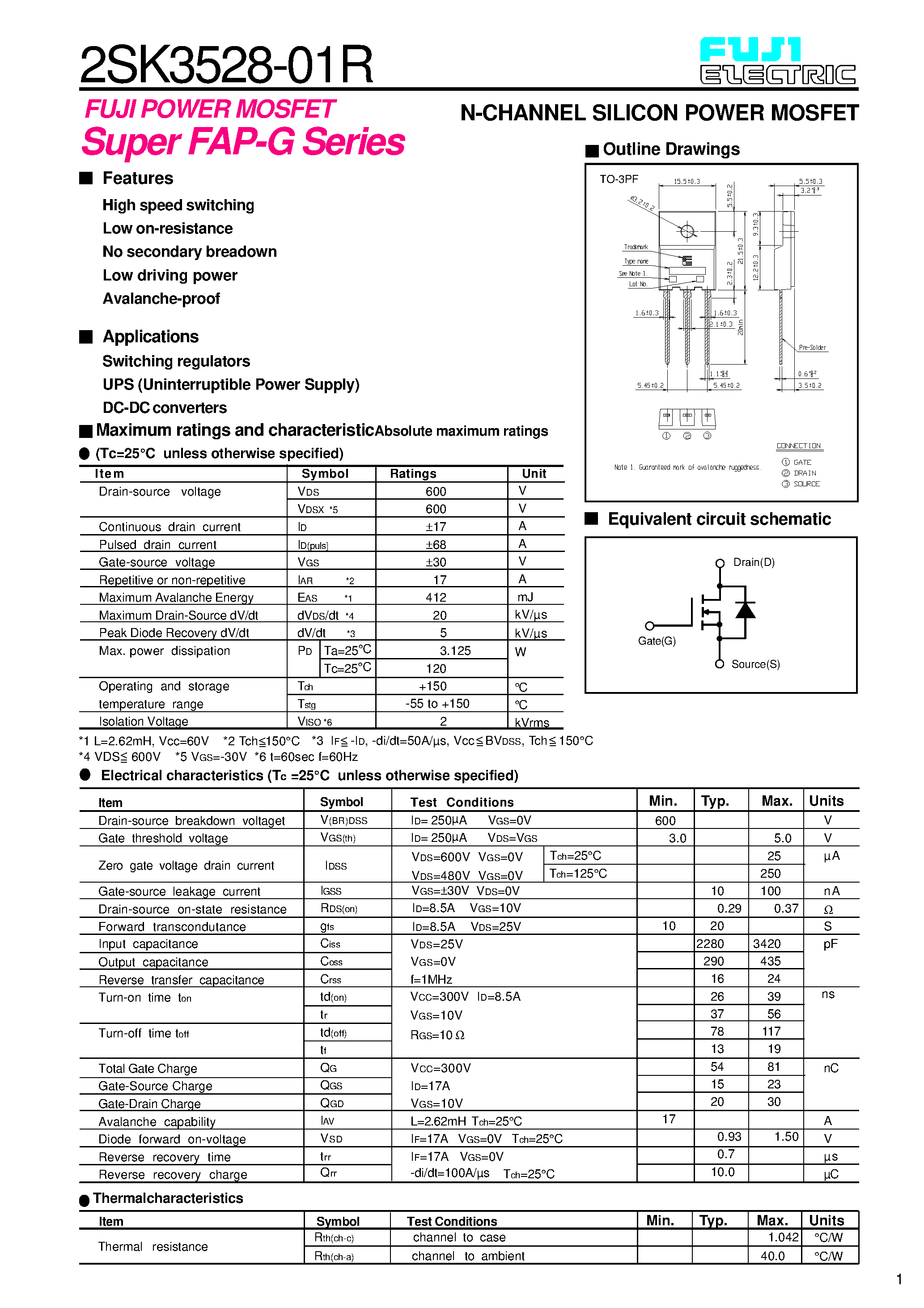 Даташит 2SK3528-01R - Super FAP-G Series / N Channel Silicon Power MOSFET страница 1