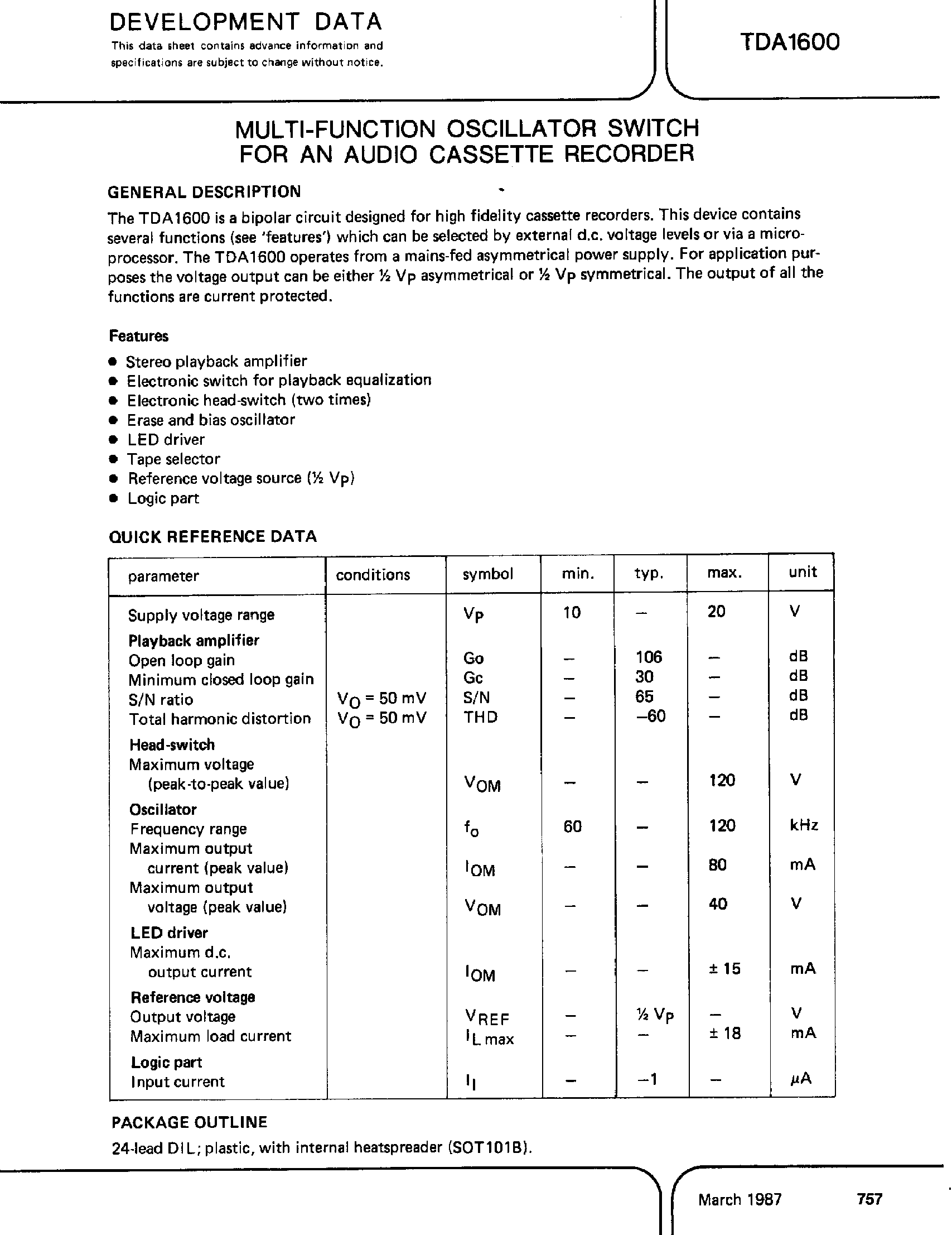 Datasheet TDA1600 - Multi-Function Oscillator Switch for Audio Cassette Recorder page 1