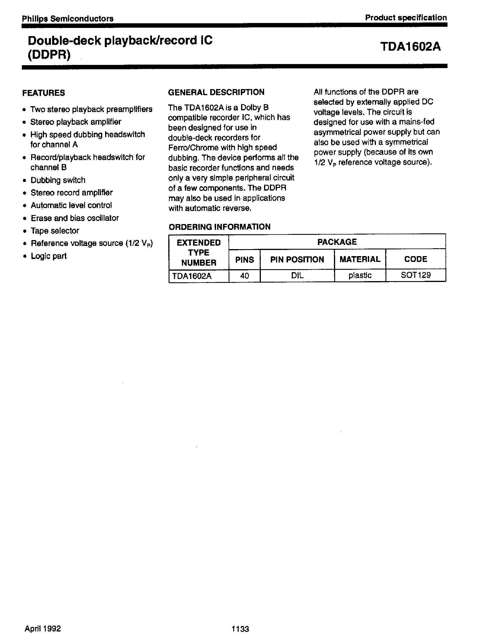 Datasheet TDA1602A - Double Deck Playback / Record IC page 1