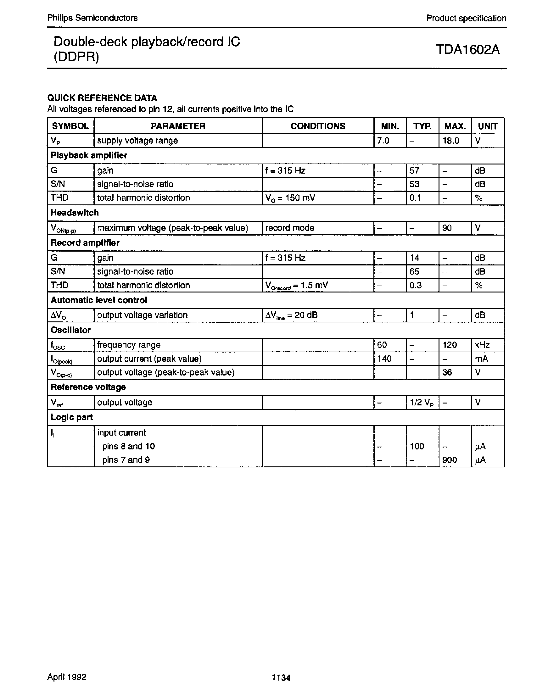 Datasheet TDA1602A - Double Deck Playback / Record IC page 2