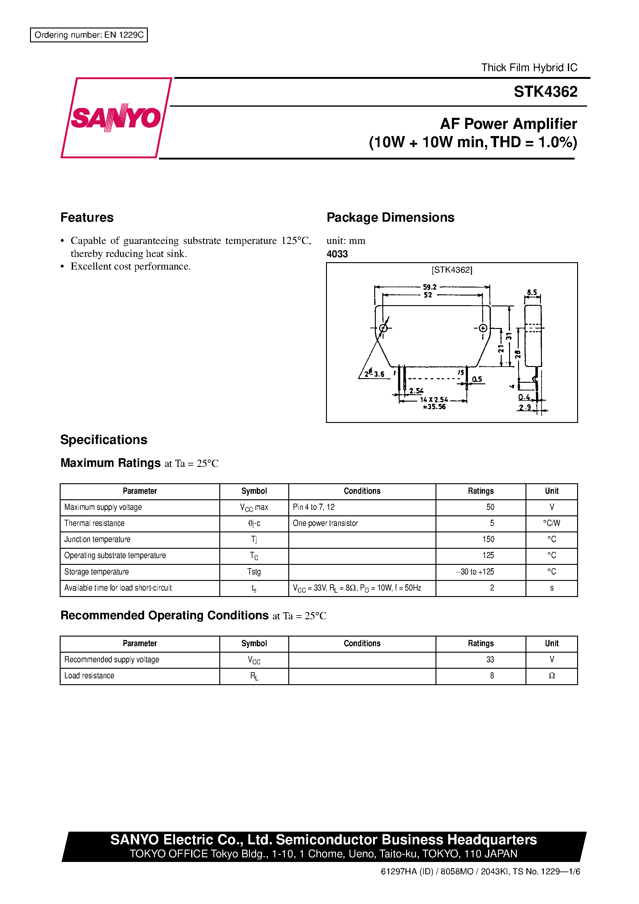 Datasheet STK4362 - AF Power Amplifier page 1