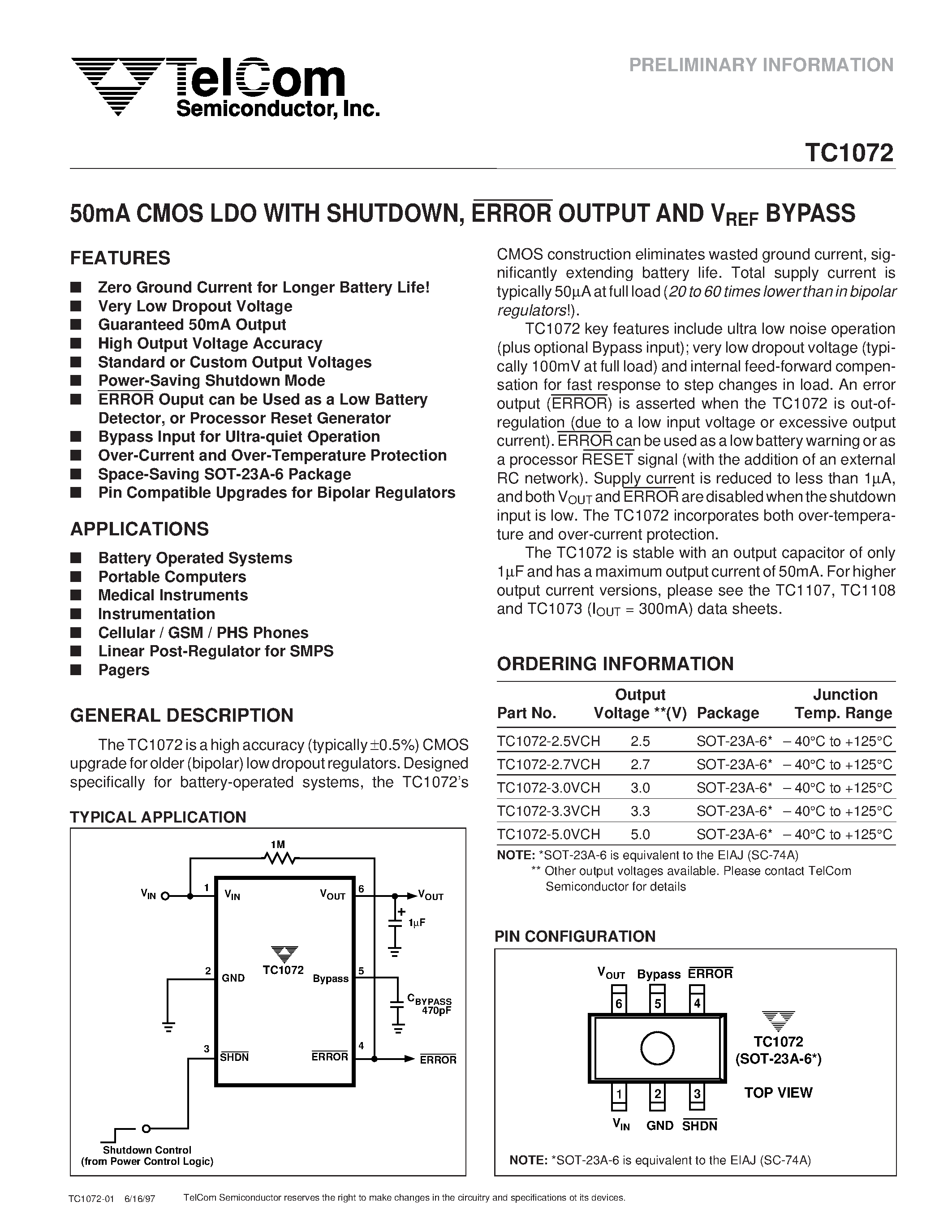 Datasheet TC1072 - 50mA CMOS LDO WITH SHUTDOWN / ERROR OUTPUT AND VREF BYPASS page 1