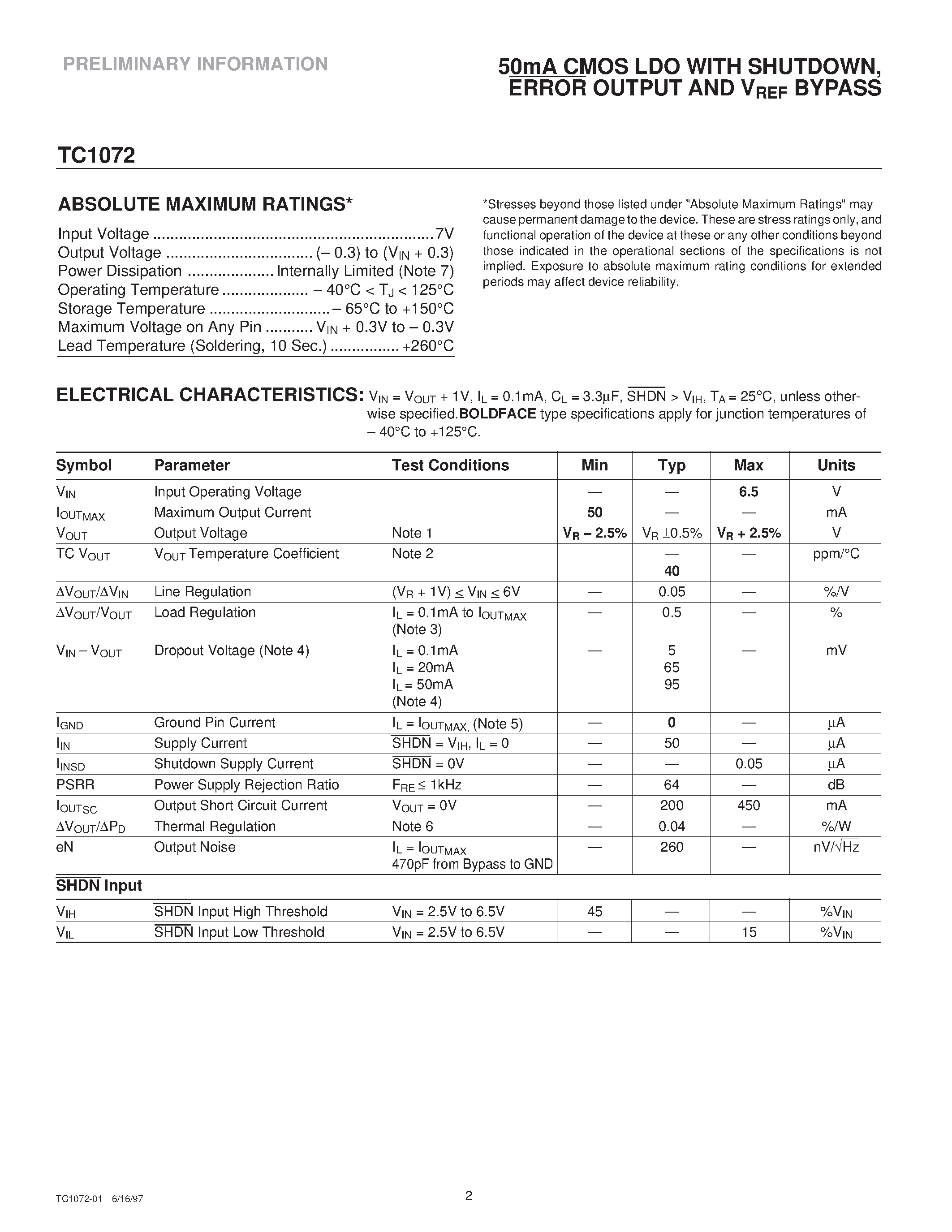 Datasheet TC1072 - 50mA CMOS LDO WITH SHUTDOWN / ERROR OUTPUT AND VREF BYPASS page 2