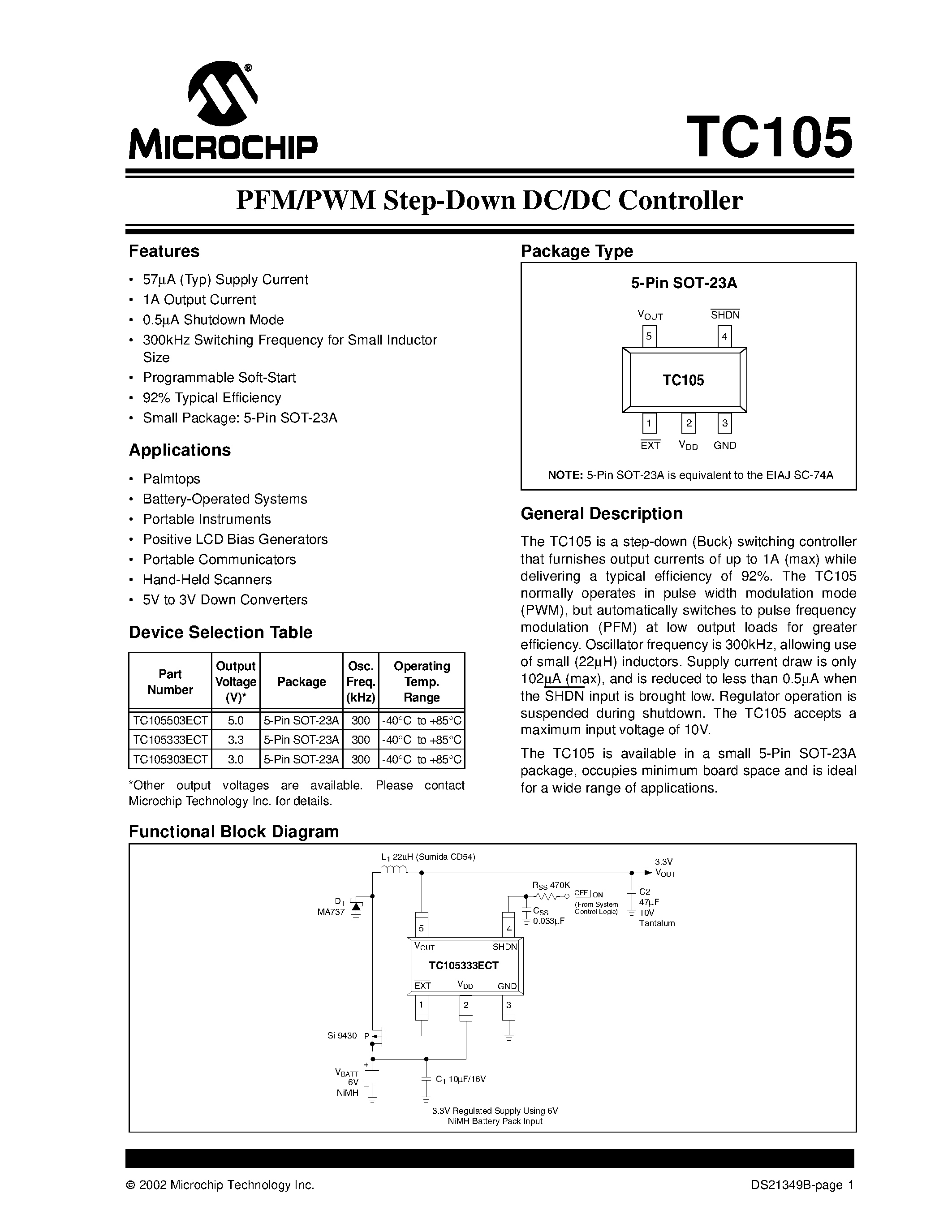 Datasheet TC105 - PFM/PWM Step-Down DC/DC Controller page 1