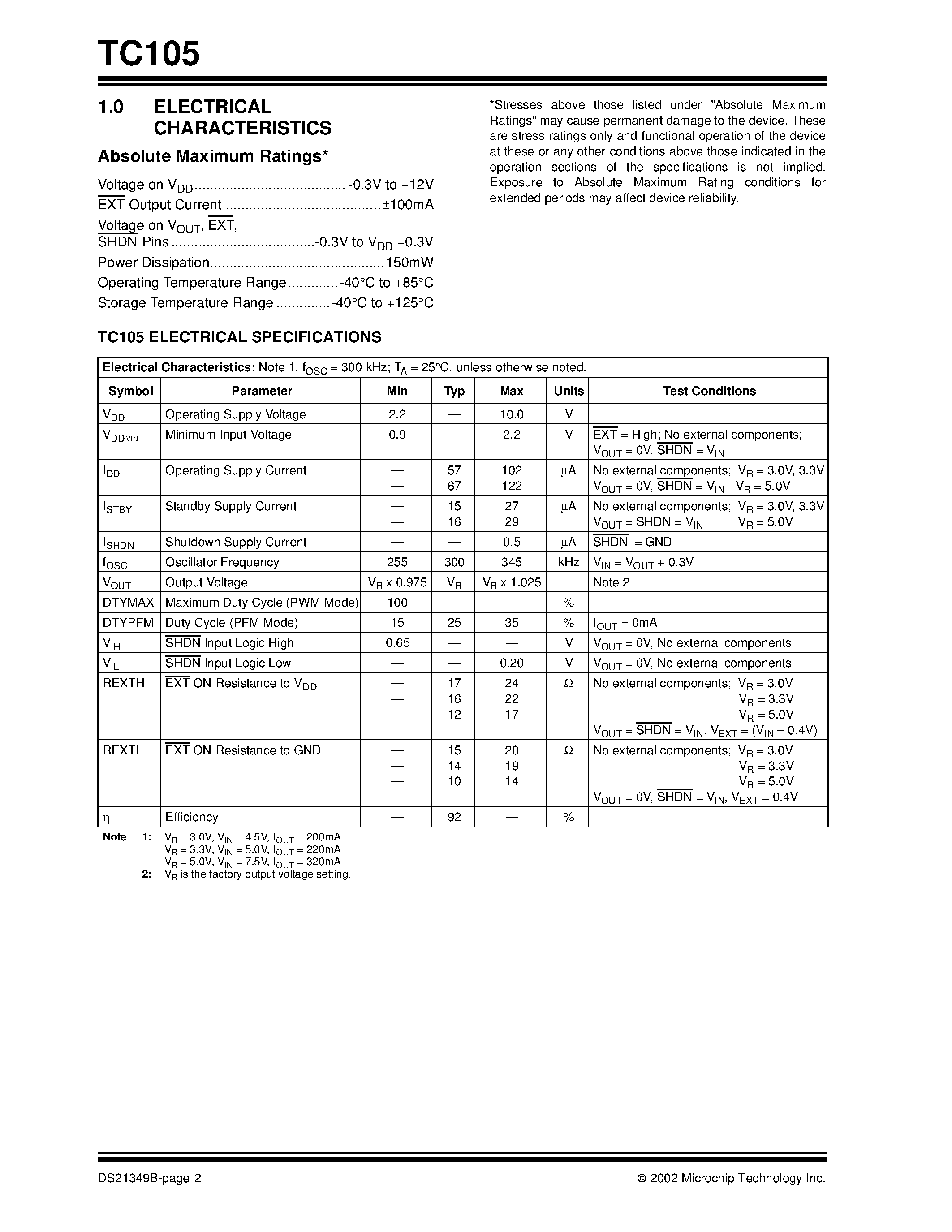 Datasheet TC105 - PFM/PWM Step-Down DC/DC Controller page 2