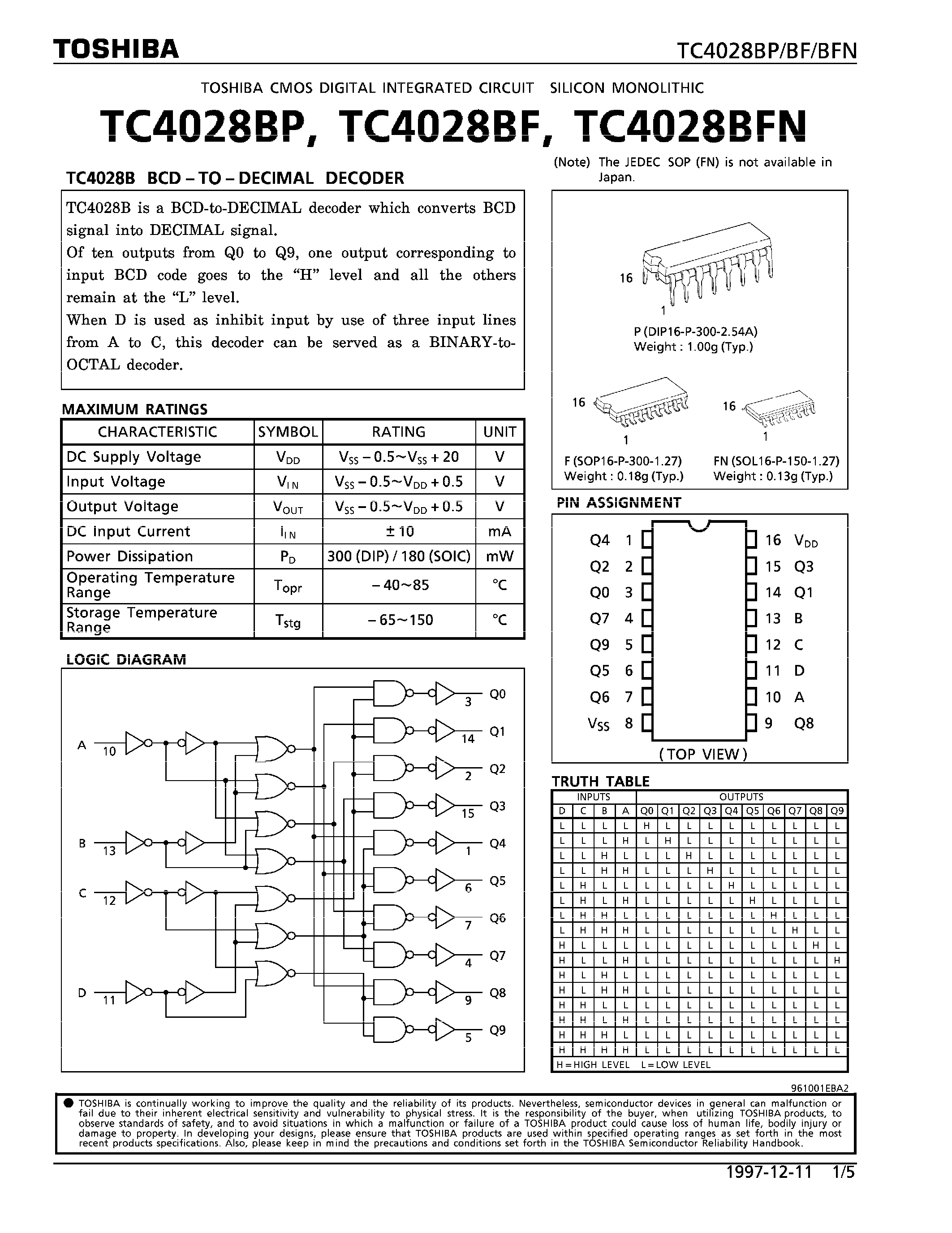 Даташит TC4028 - BCD - TO -DECIMAL DECODER страница 1