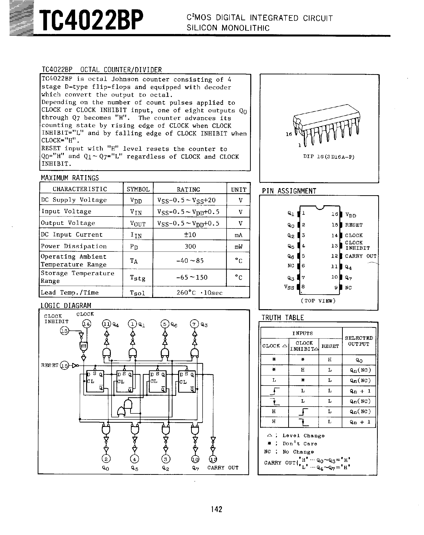 Даташит TC4022BP - C2MOS DIGITAL INTEGRATED CIRCUIT SILICON MONOLITHIC страница 1