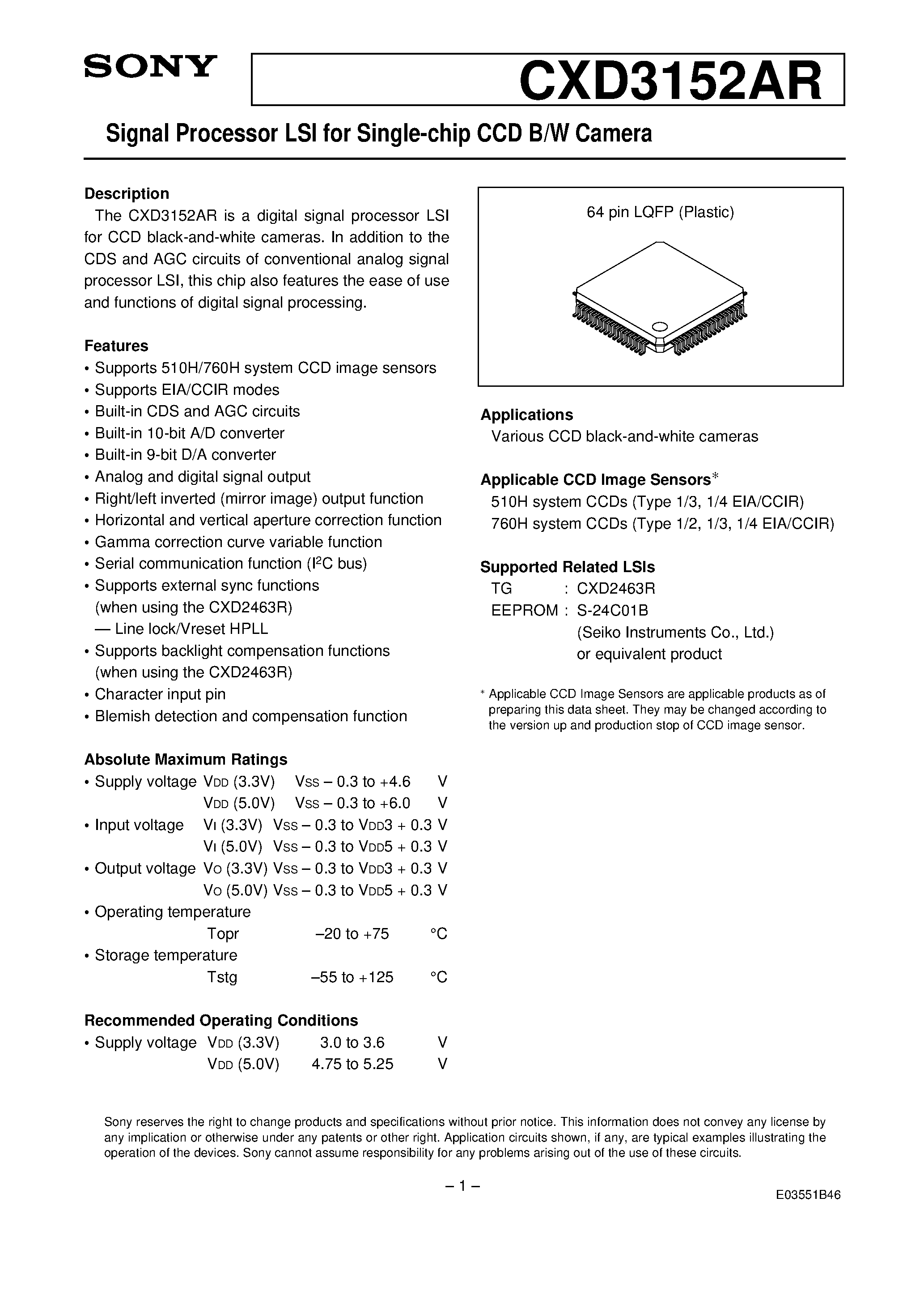 Datasheet CXD3152AR - Signal Processor LSI for Single-chip CCD B/W Camera page 1