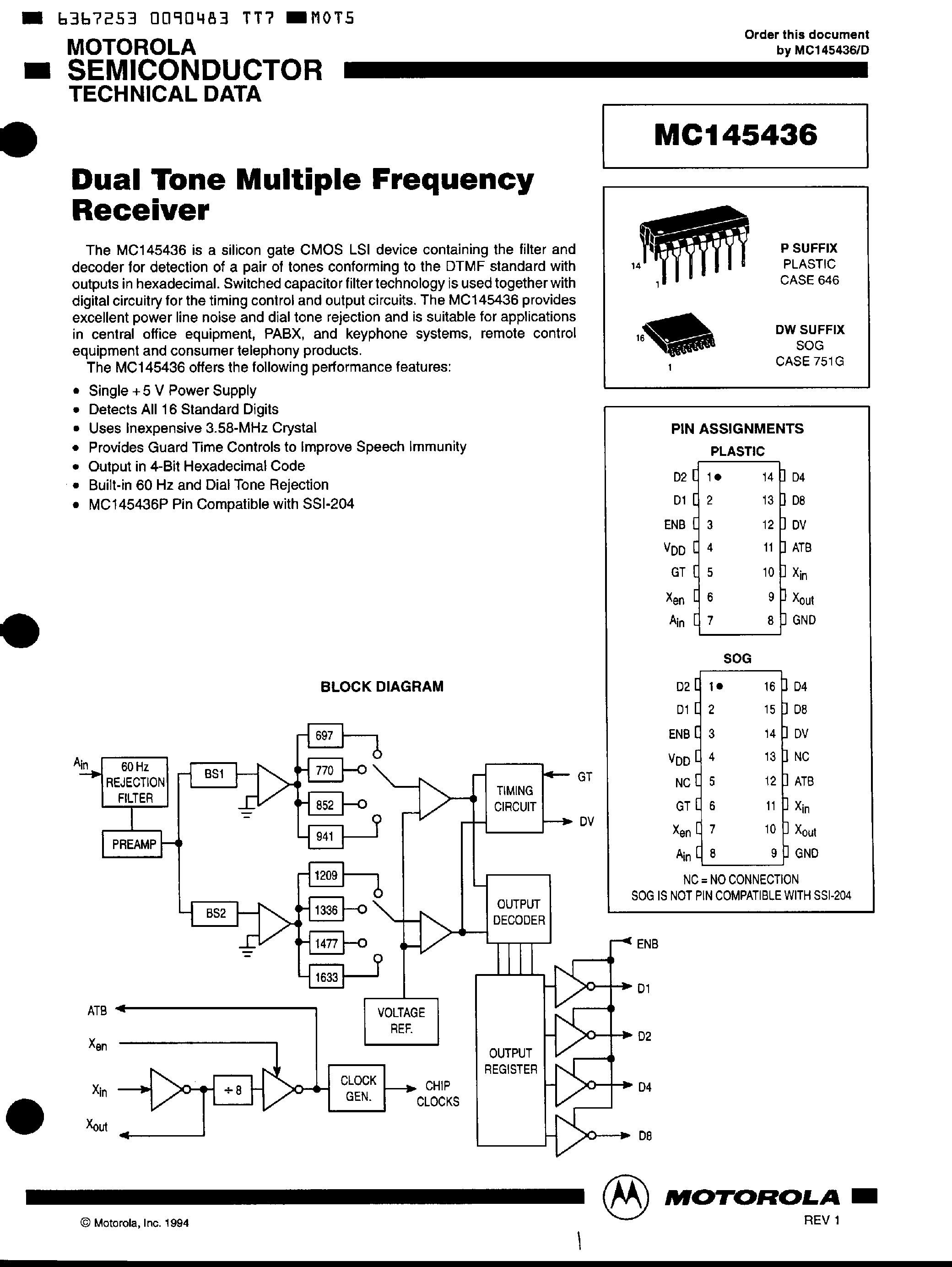 Даташит MC145436 - Dual Tone Multiple Frequency Receiver страница 1