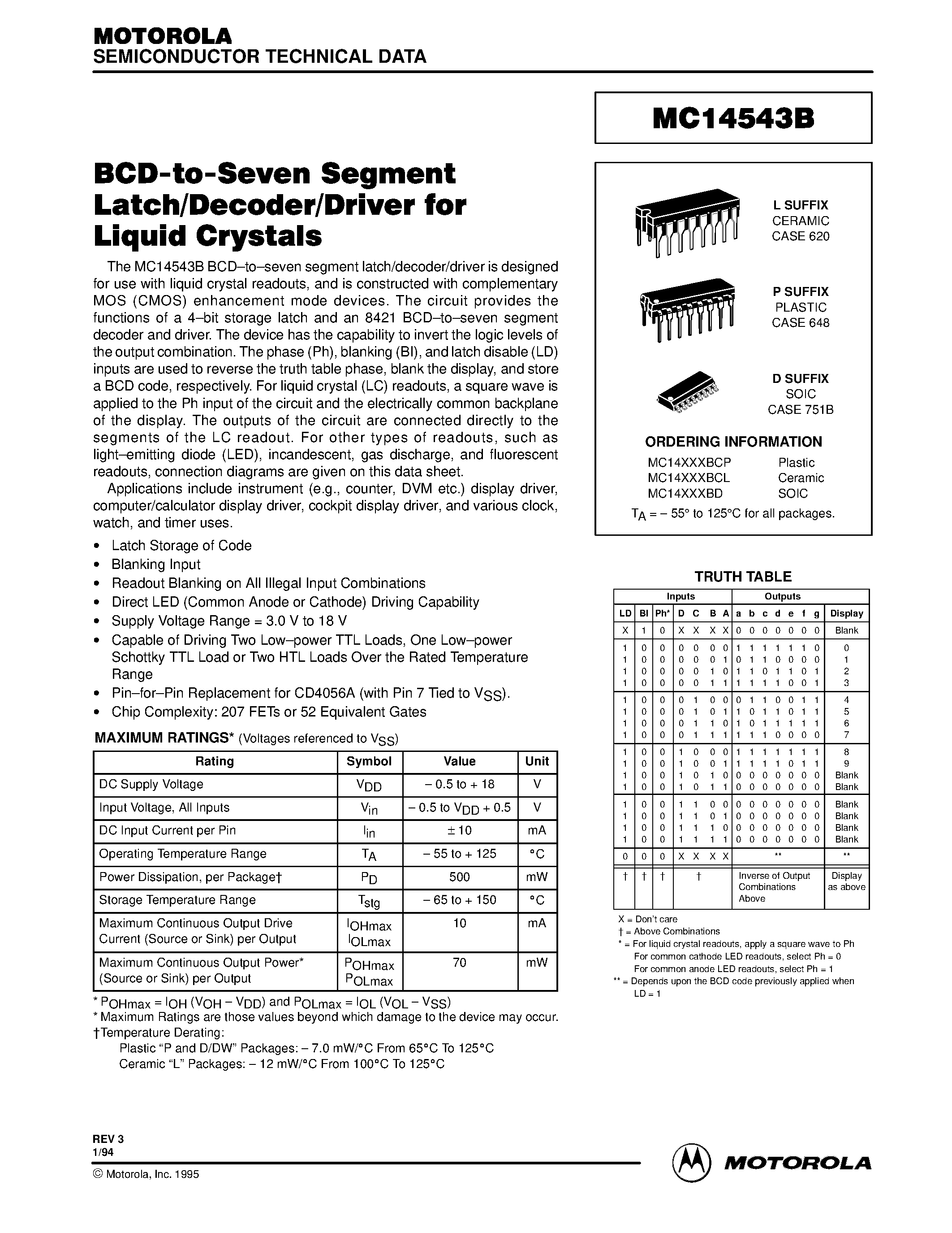 Даташит MC14543B - BCD-to-Seven Segment Latch/Decoder/Driver for Liquid Crystals страница 1