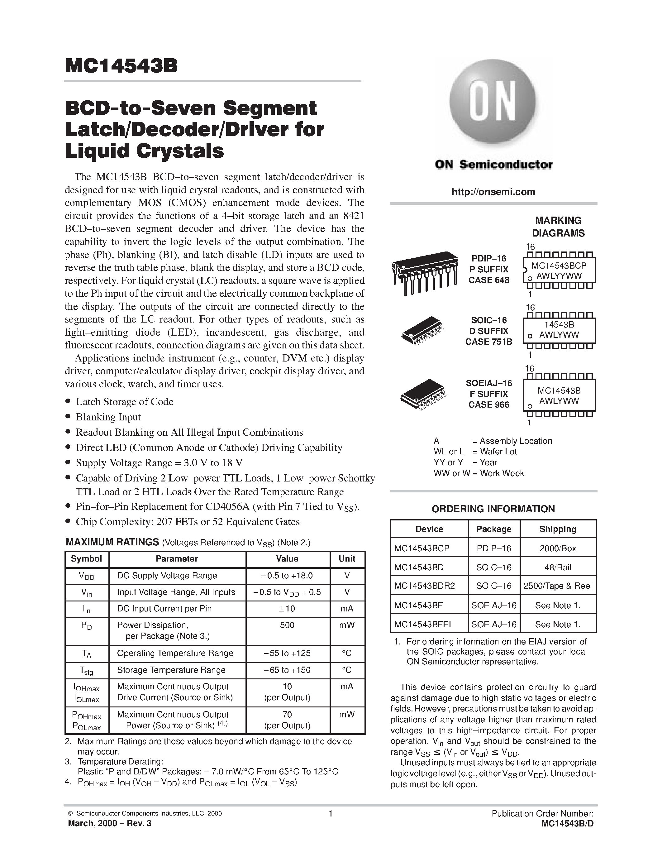 Даташит MC14543B - BCD-to-Seven Segment Latch/Decoder/Driver for Liquid Crystals страница 1