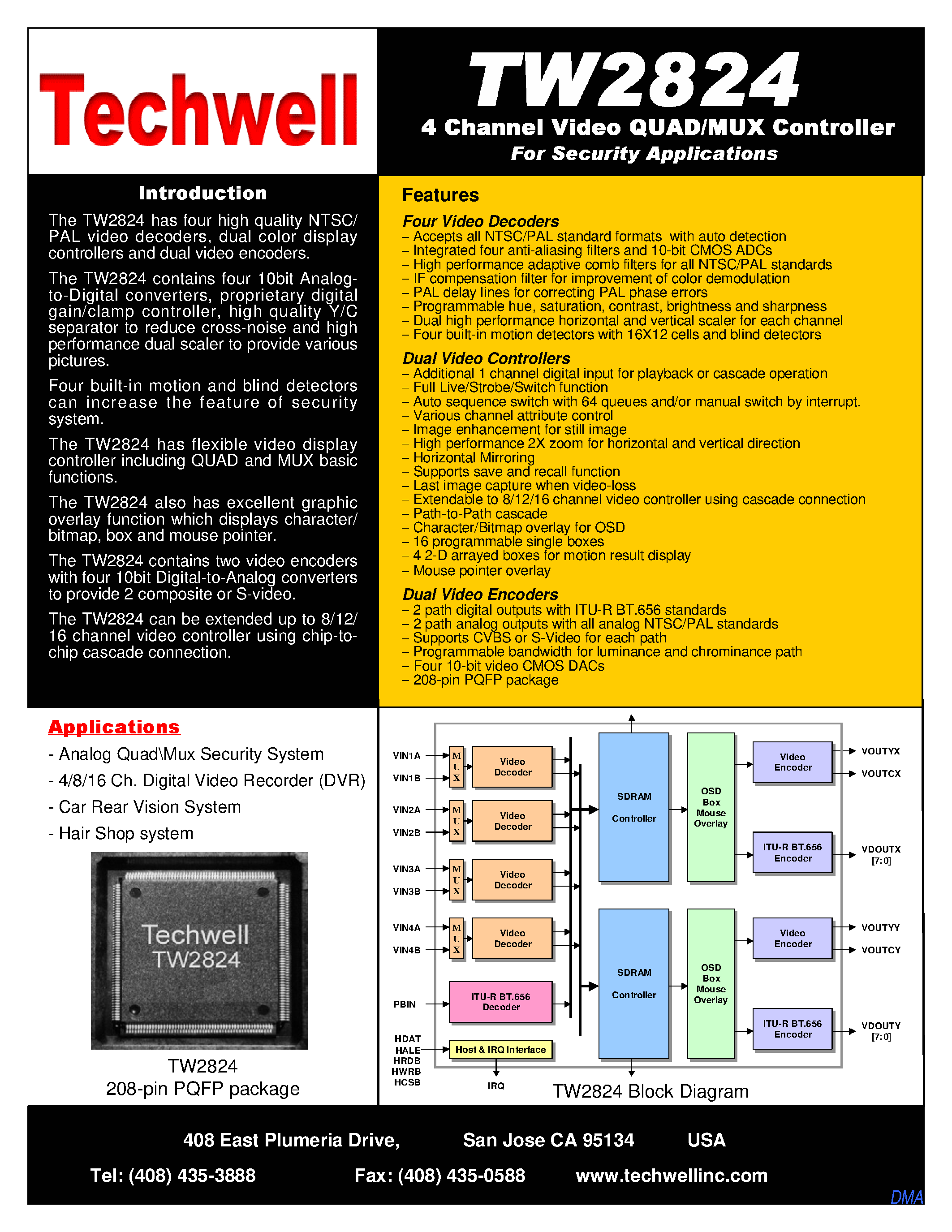 Datasheet TW2824 - 4 Channel Video Quad/MUX Controller for Security Applications page 1