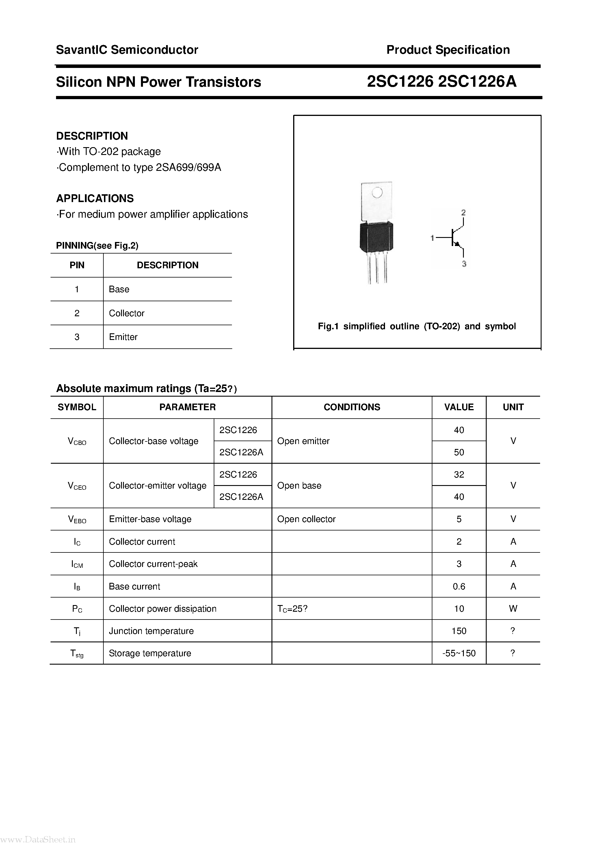 Datasheet 2SC1226 - Silicon NPN Epitaxial Planar Type page 1