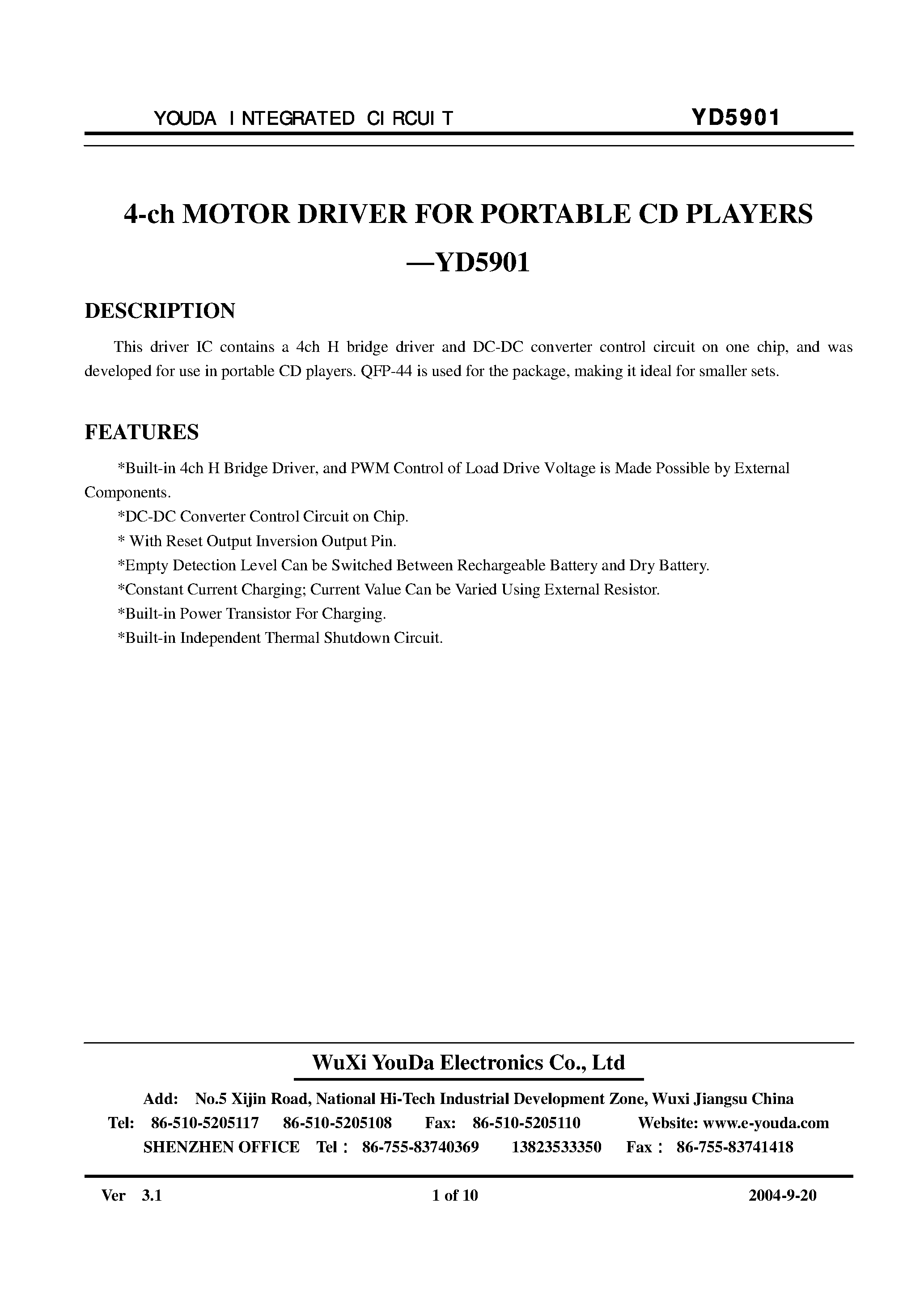 Datasheet YD5901 - 4-Channel Motor Driver for Portable CD Players page 1