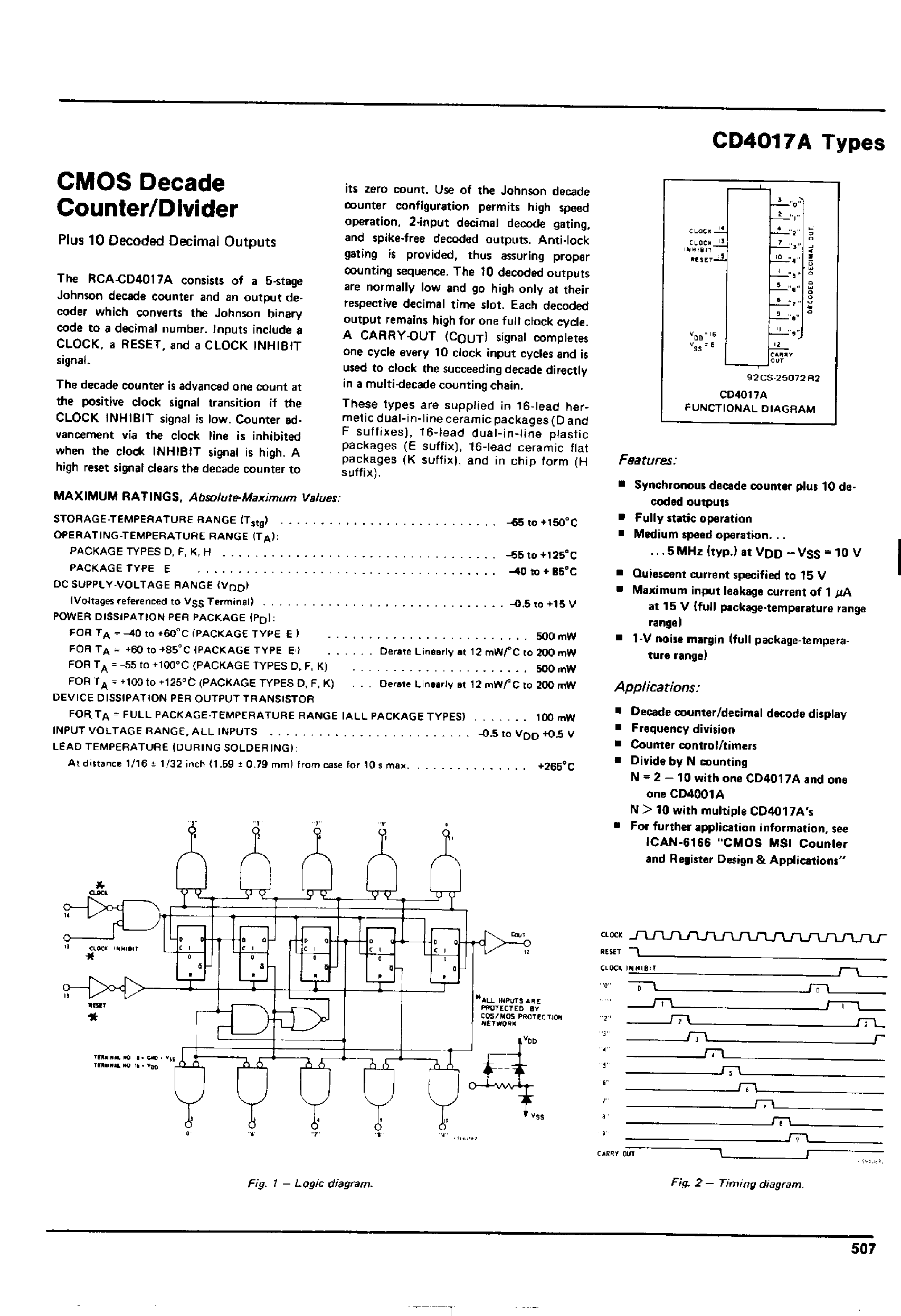 Datasheet CD4017A - CMOS Decade Counter / Divider page 1