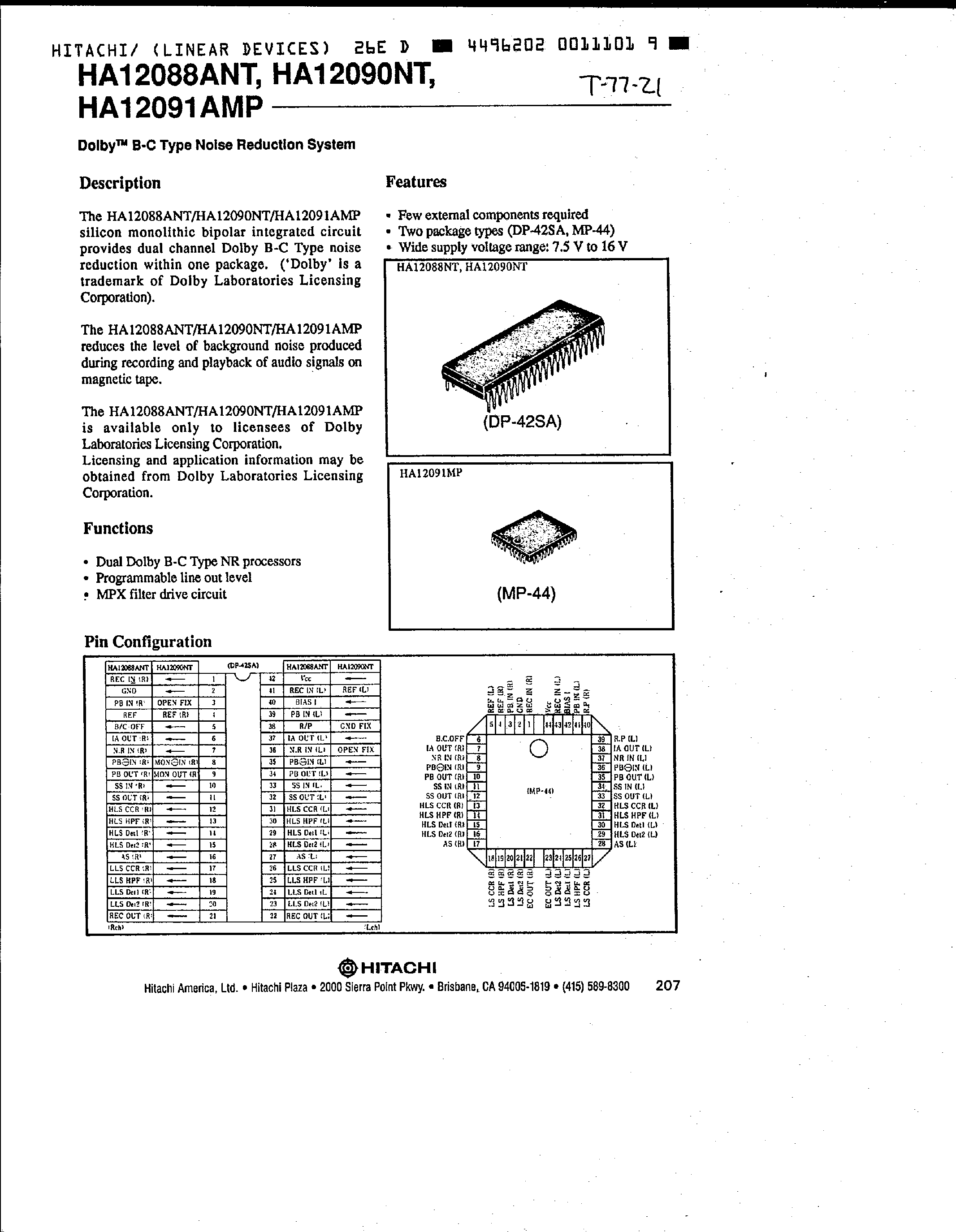 Datasheet HA12090NT - (HA12091AMP) Dolby B-C Type Noise Reduction System page 1