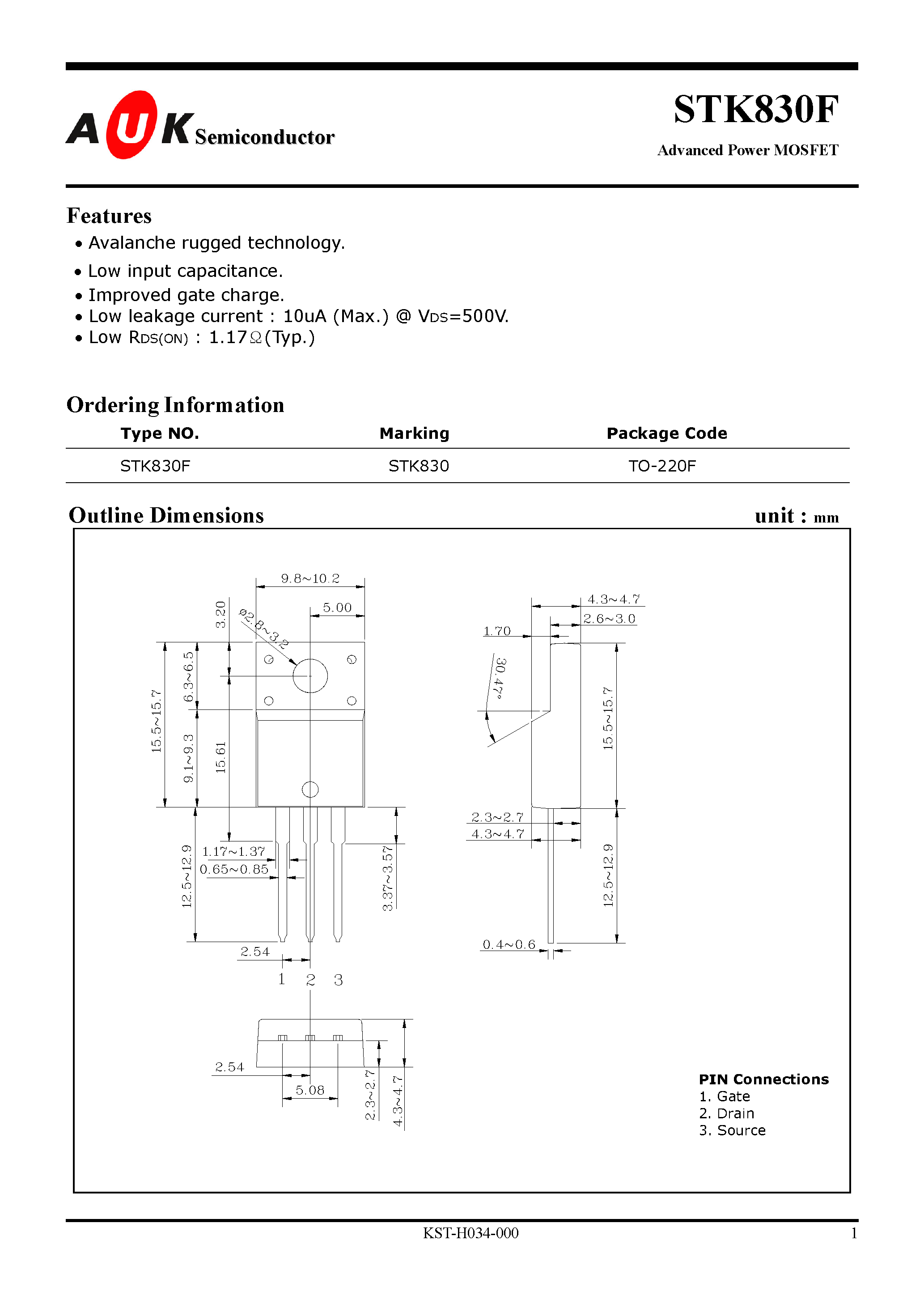 Datasheet STK830F - Advanced Power MOSFET page 1