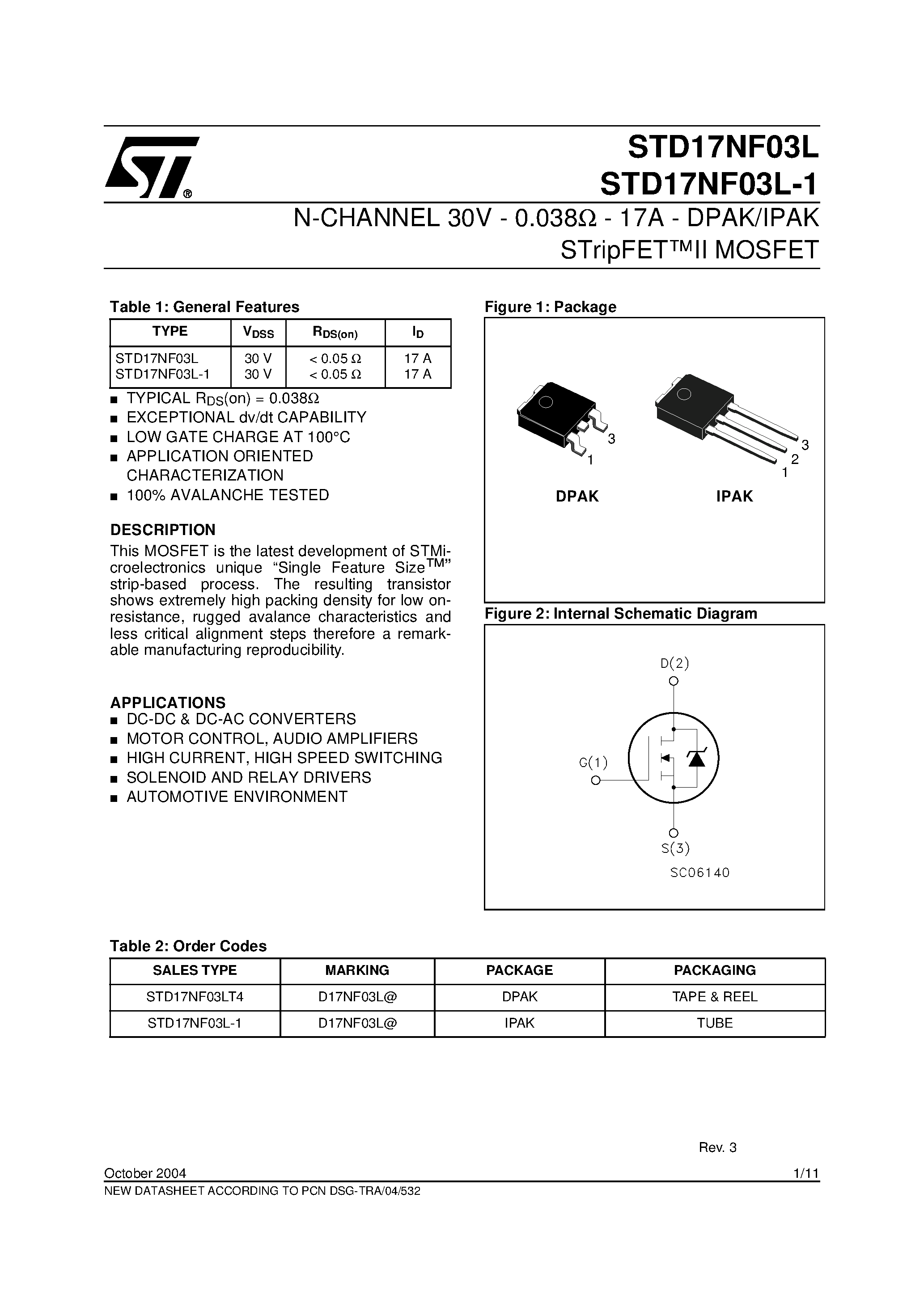 Даташит STD17NF03L - N-CHANNEL POWER MOSFET страница 1