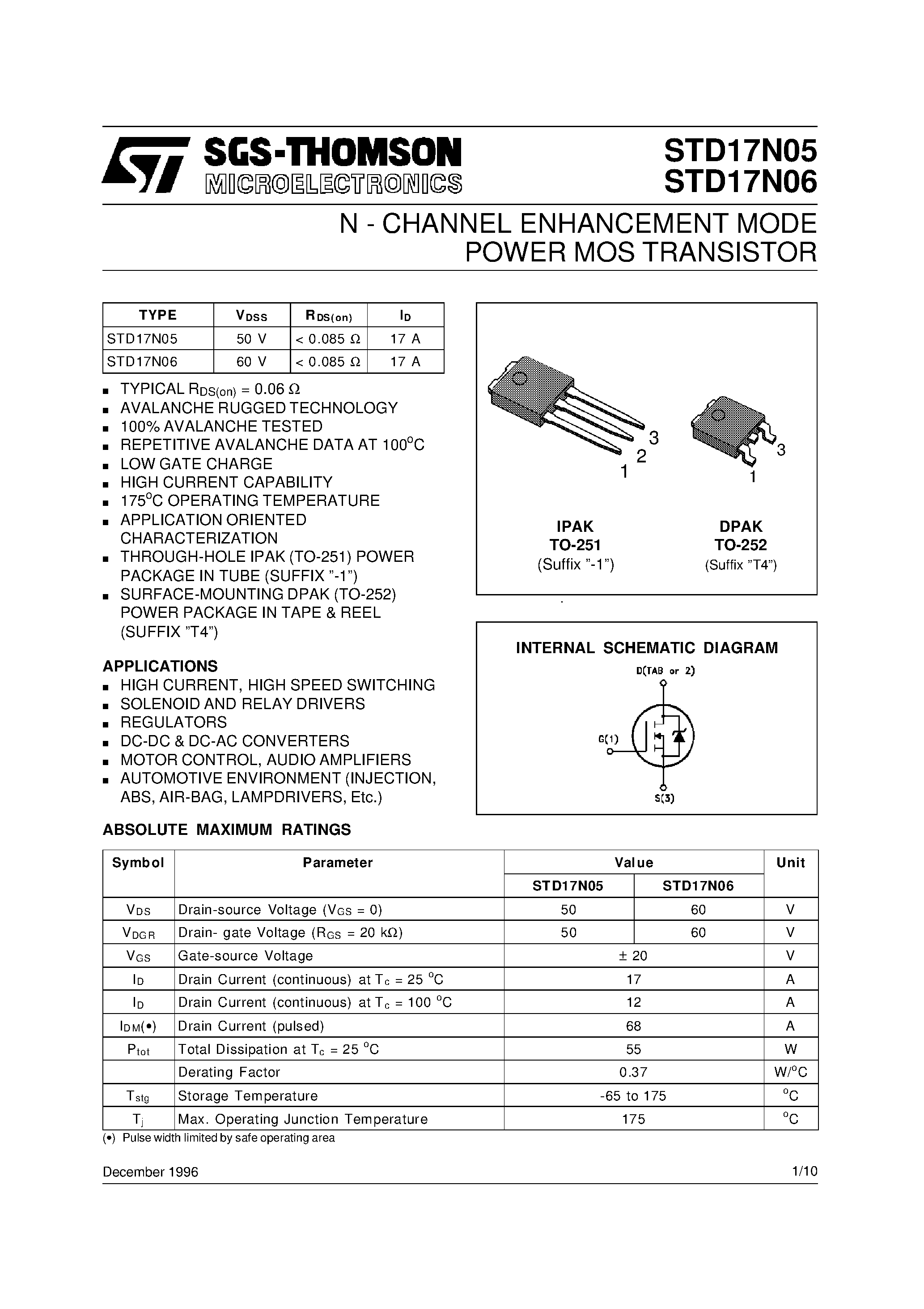 Даташит STD17N05 - N-CHANNEL POWER MOSFET страница 1