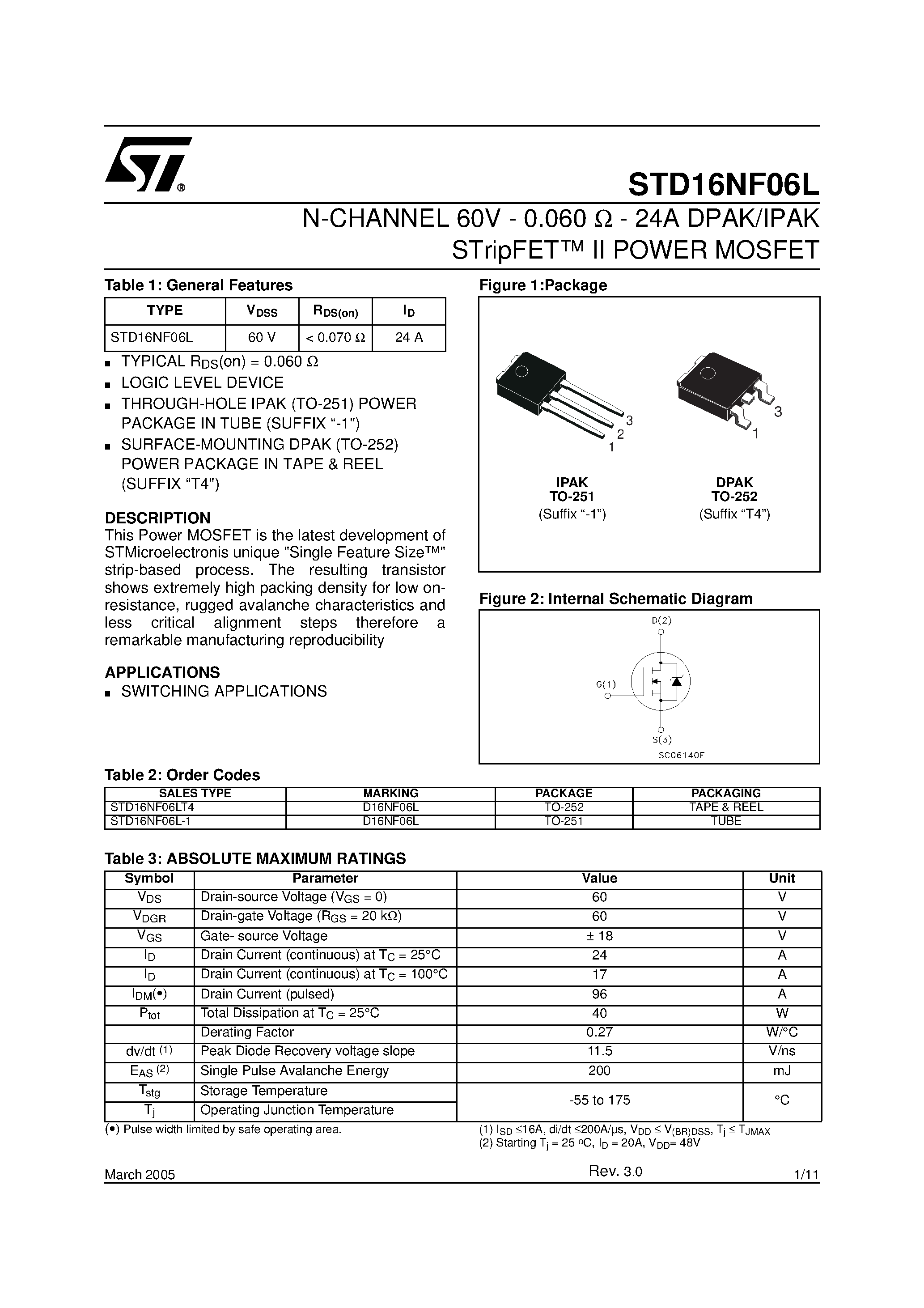 Даташит STD16NF06L - N-CHANNEL POWER MOSFET страница 1