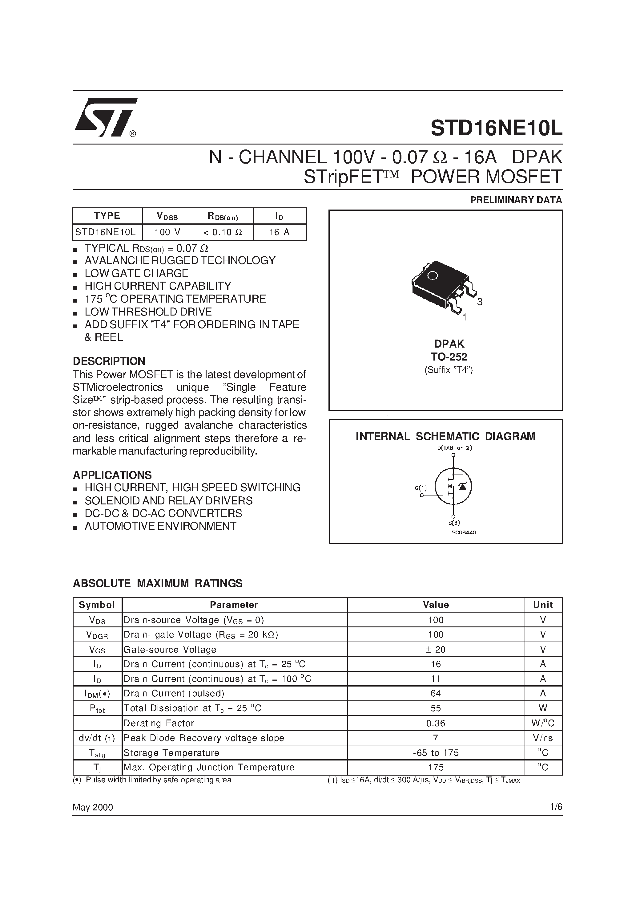 Даташит STD16NE10L - N-CHANNEL POWER MOSFET страница 1