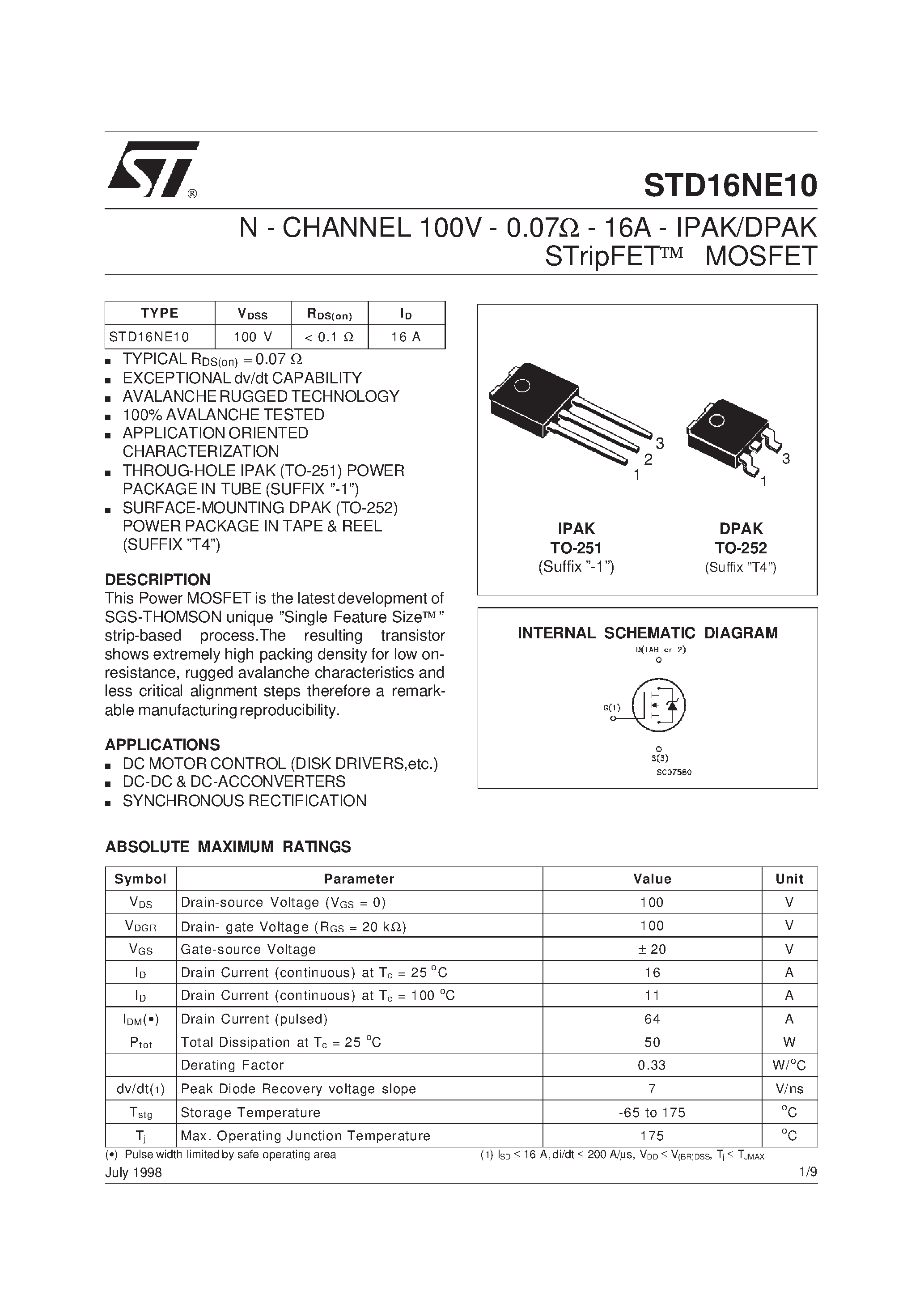 Даташит STD16NE10 - N-CHANNEL POWER MOSFET страница 1