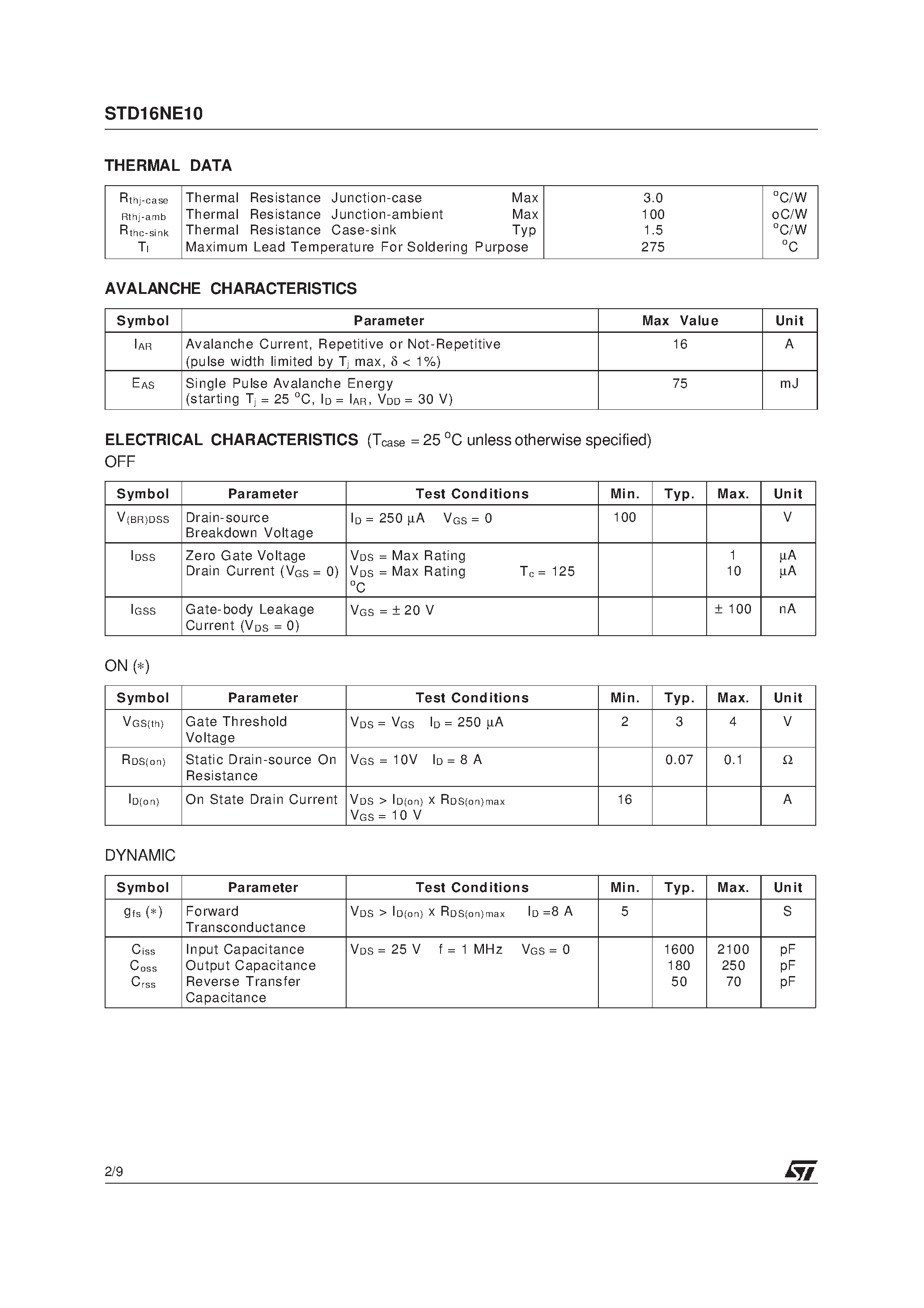 Даташит STD16NE10 - N-CHANNEL POWER MOSFET страница 2