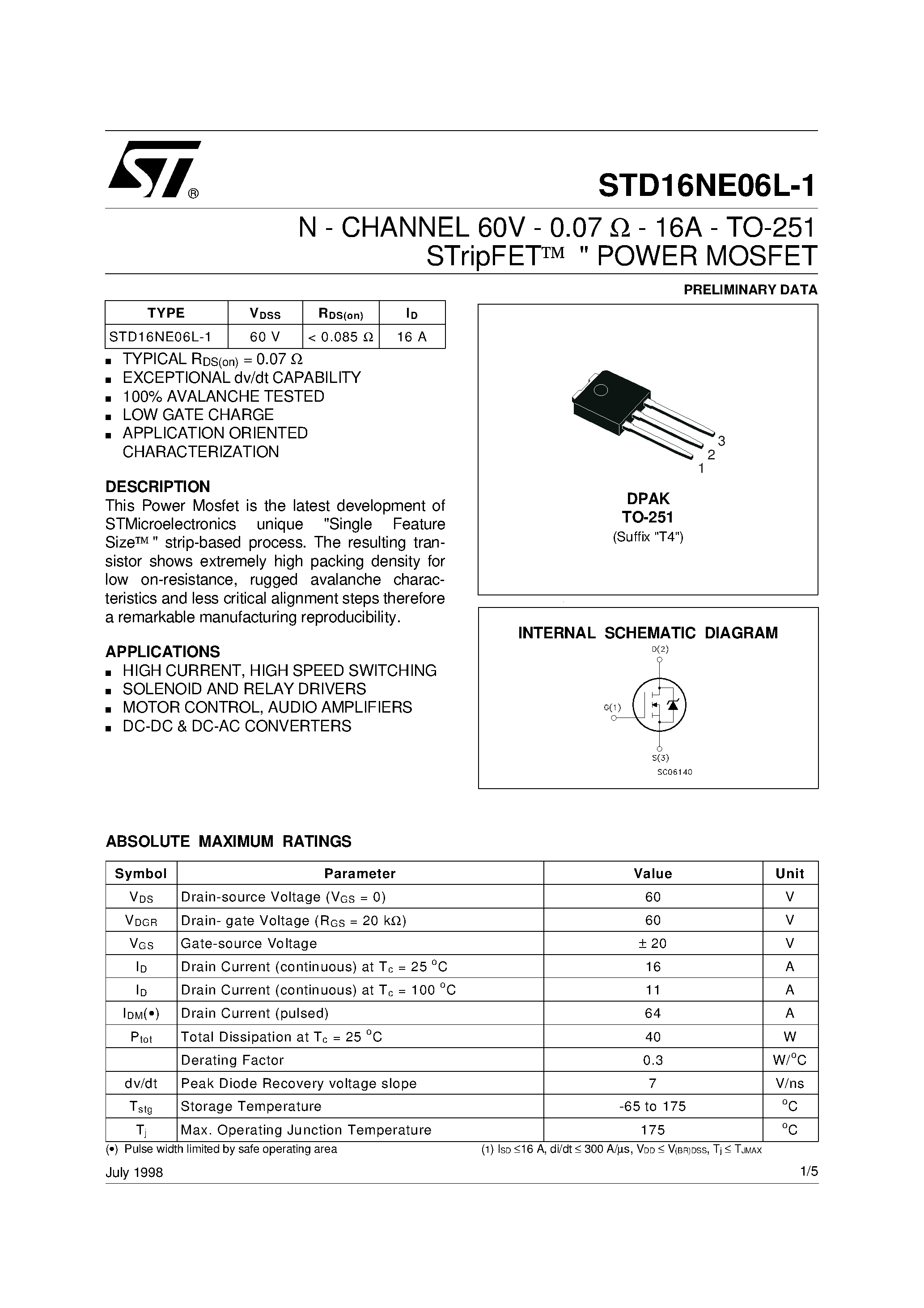 Даташит STD16NE06L-1 - N-CHANNEL POWER MOSFET страница 1