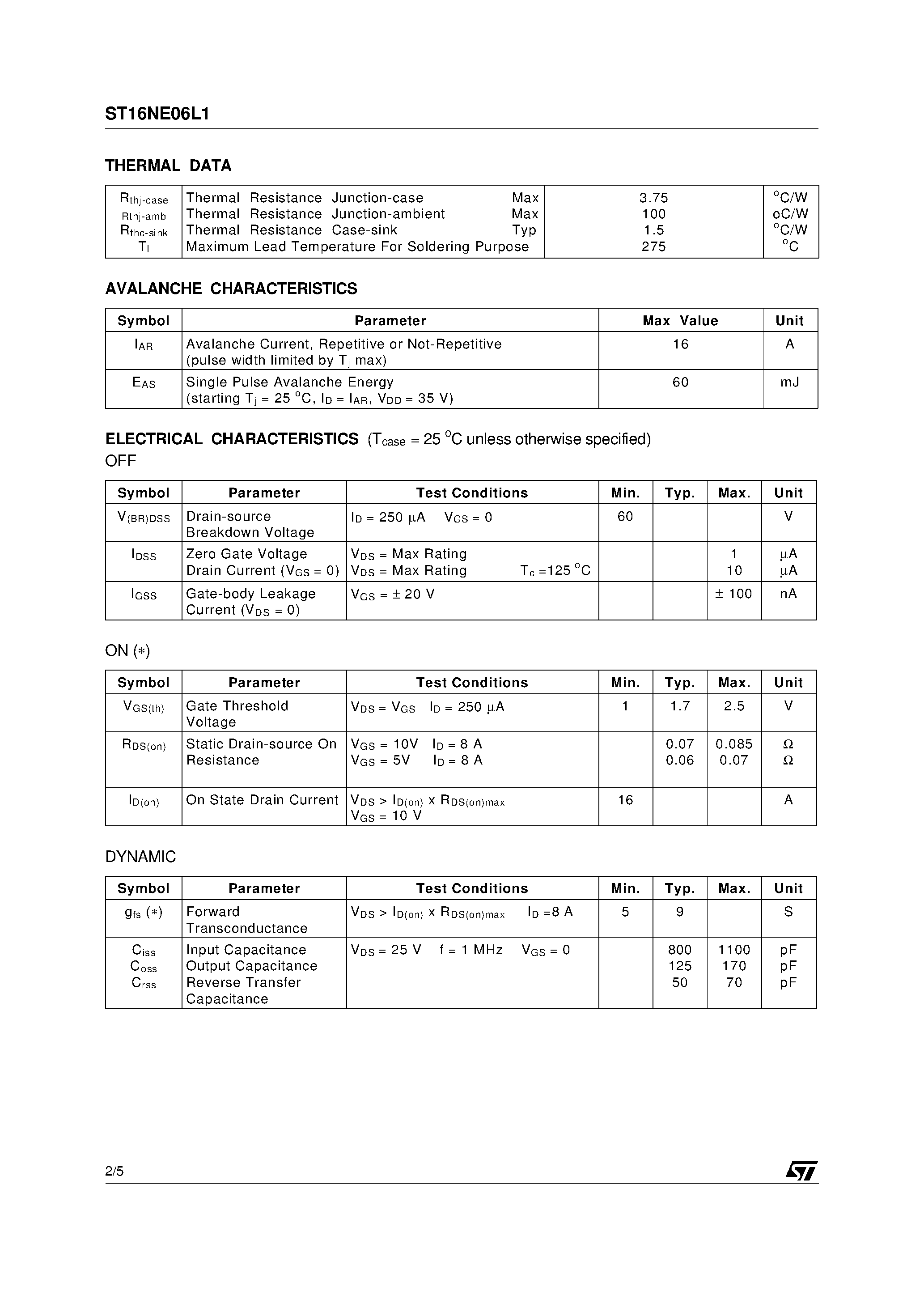 Даташит STD16NE06L-1 - N-CHANNEL POWER MOSFET страница 2