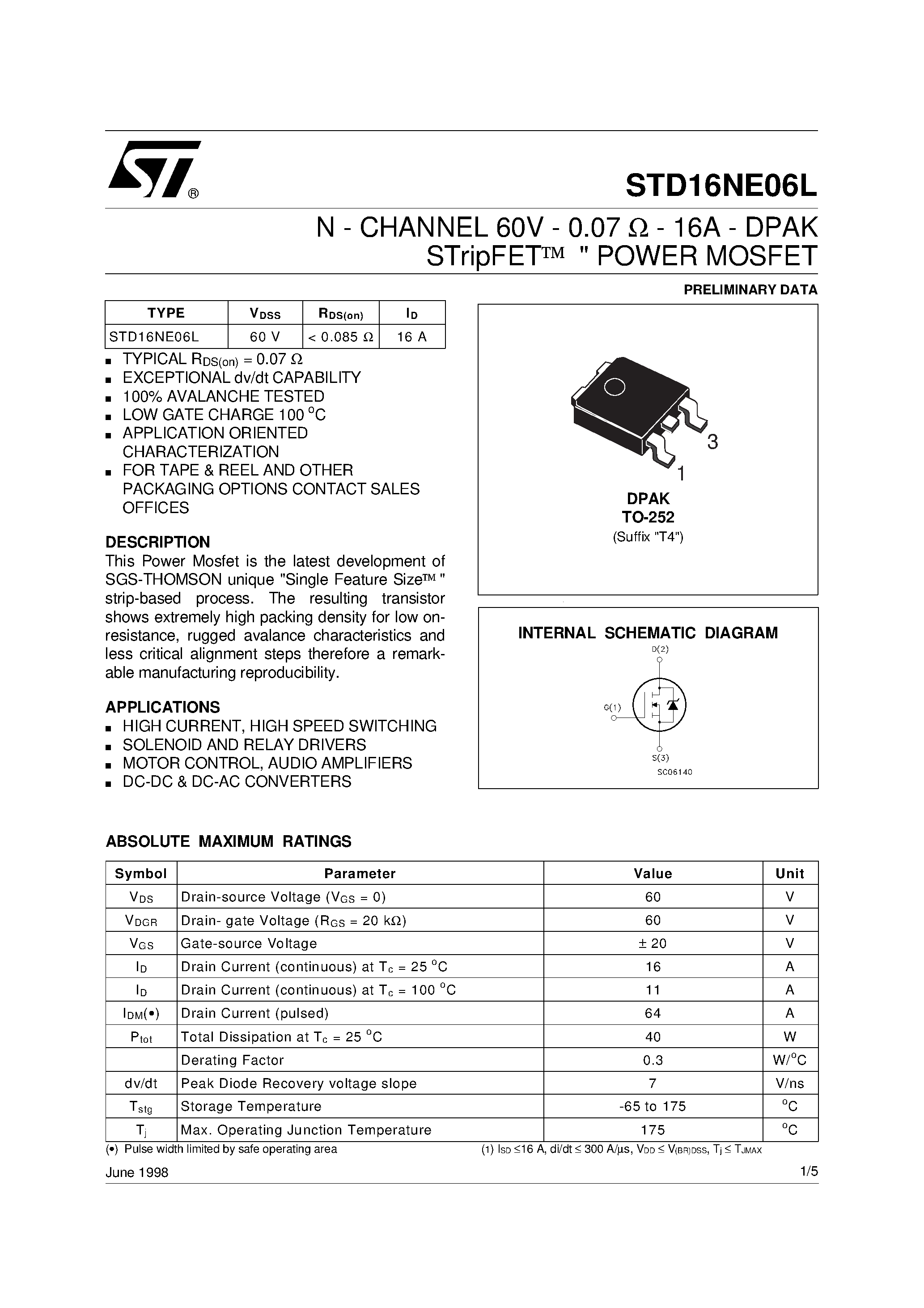 Даташит STD16NE06L - N-CHANNEL POWER MOSFET страница 1