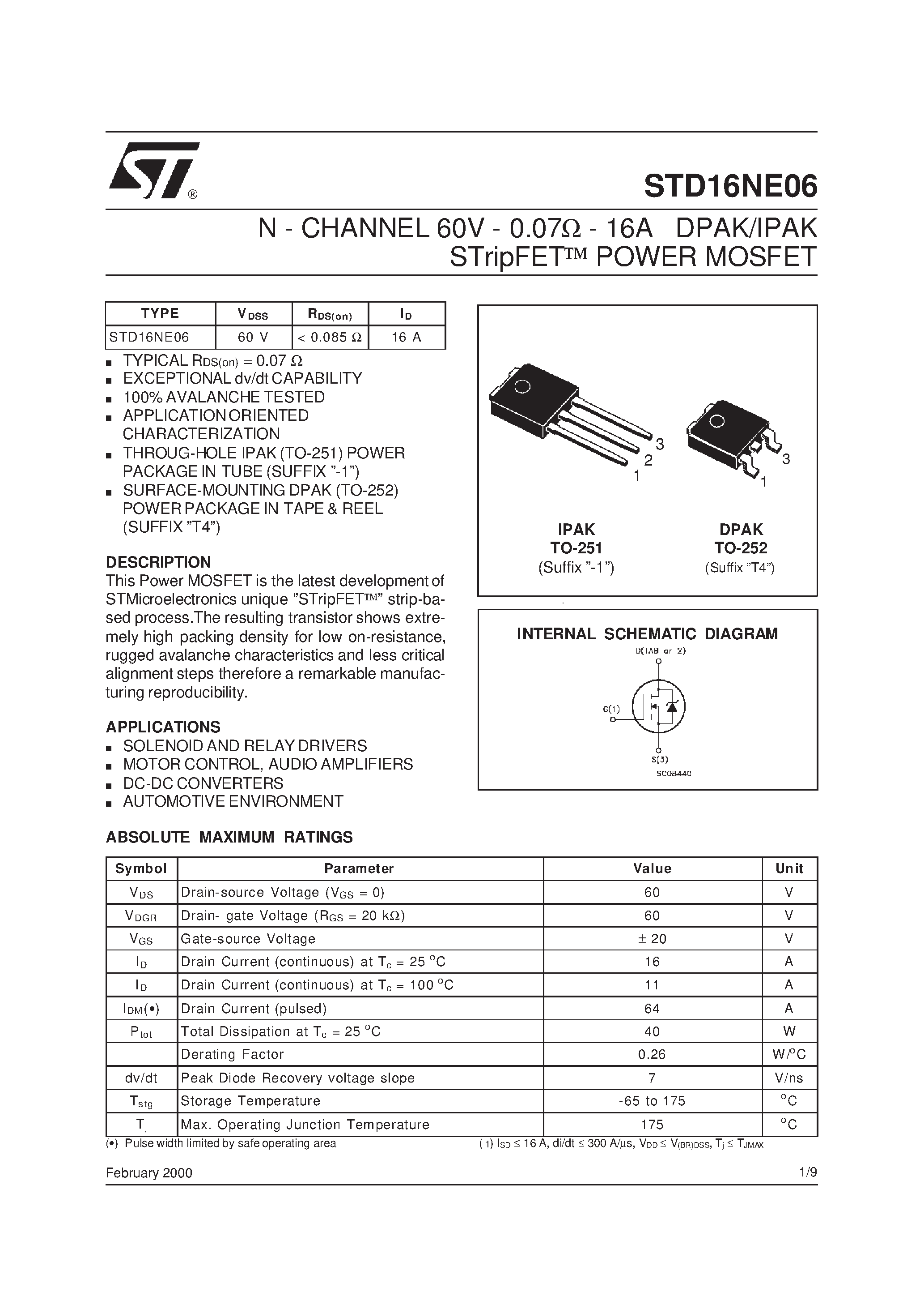 Даташит STD16NE06 - N-CHANNEL POWER MOSFET страница 1