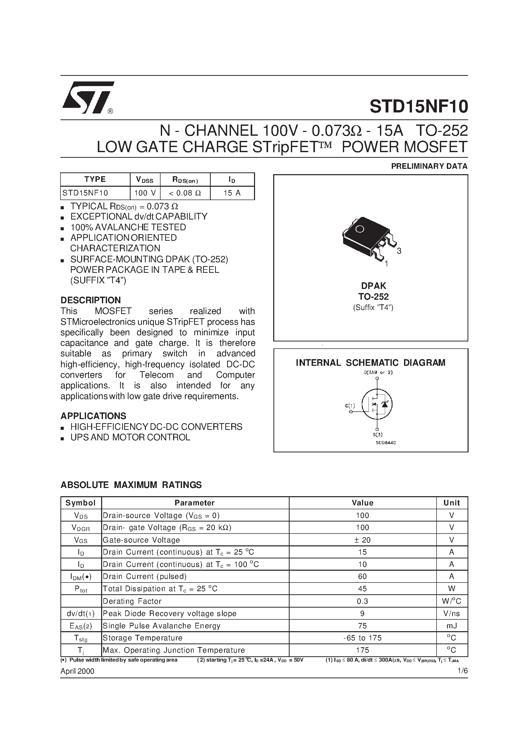 Даташит STD15NF10 - N-CHANNEL POWER MOSFET страница 1