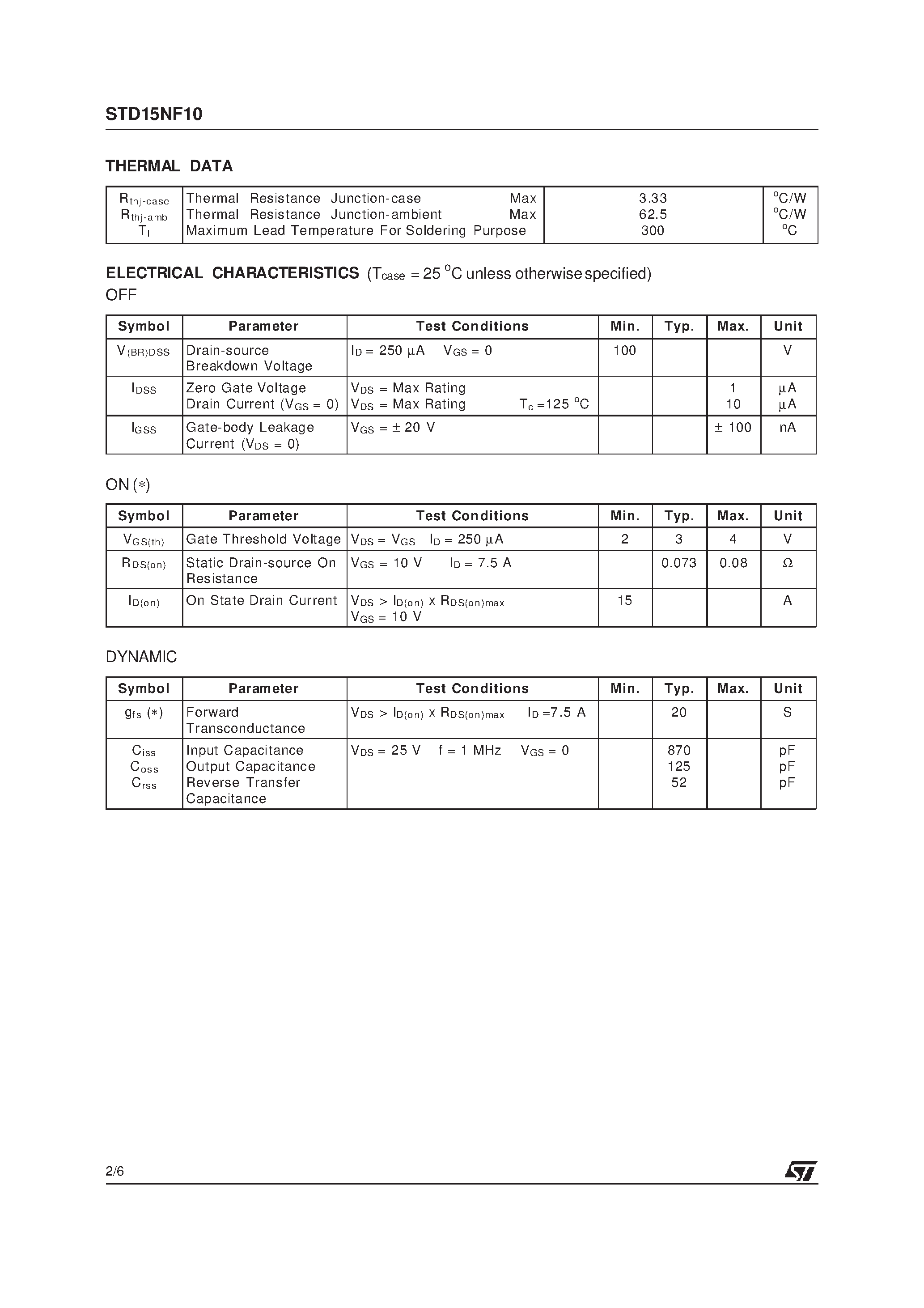 Даташит STD15NF10 - N-CHANNEL POWER MOSFET страница 2