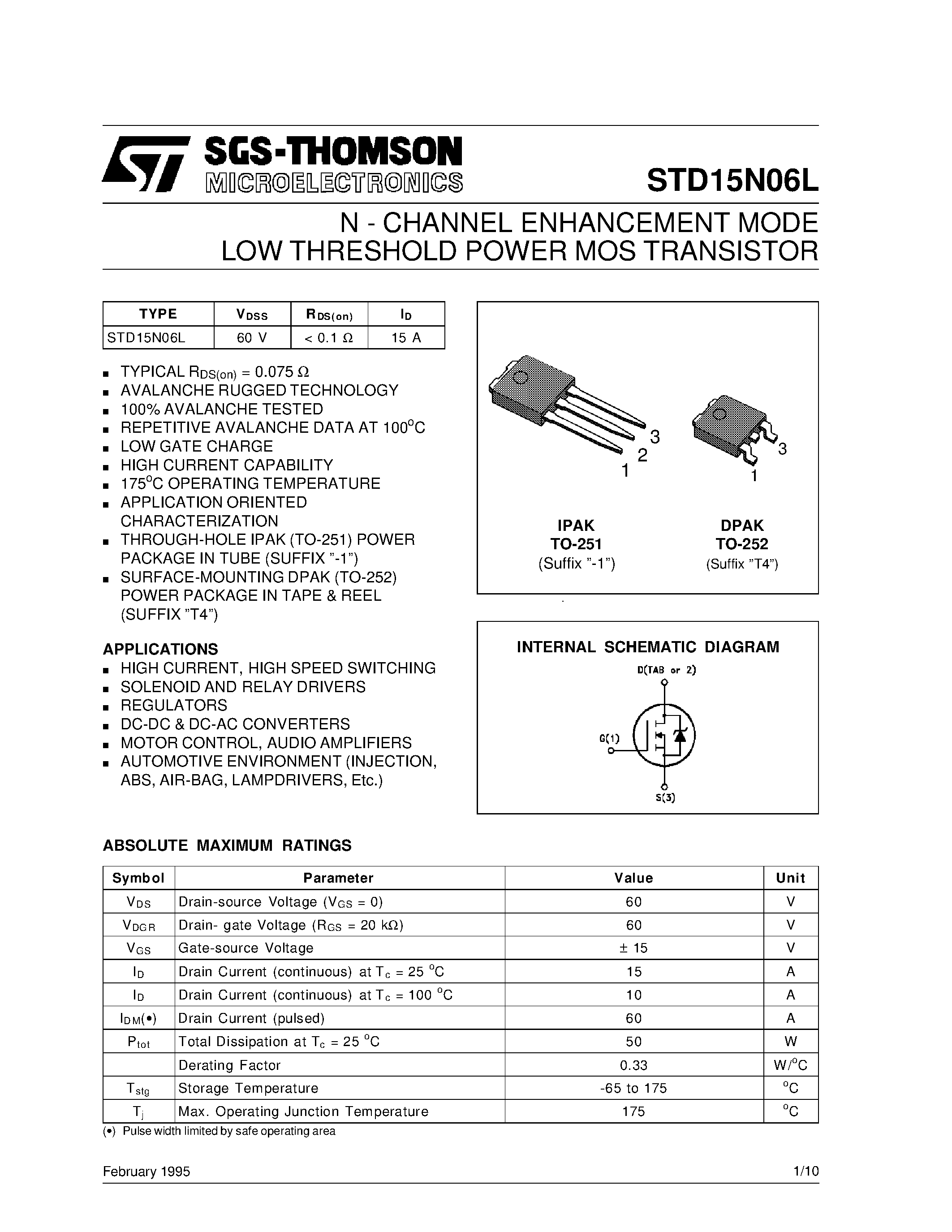 Даташит STD15N06L - N-CHANNEL POWER MOSFET страница 1