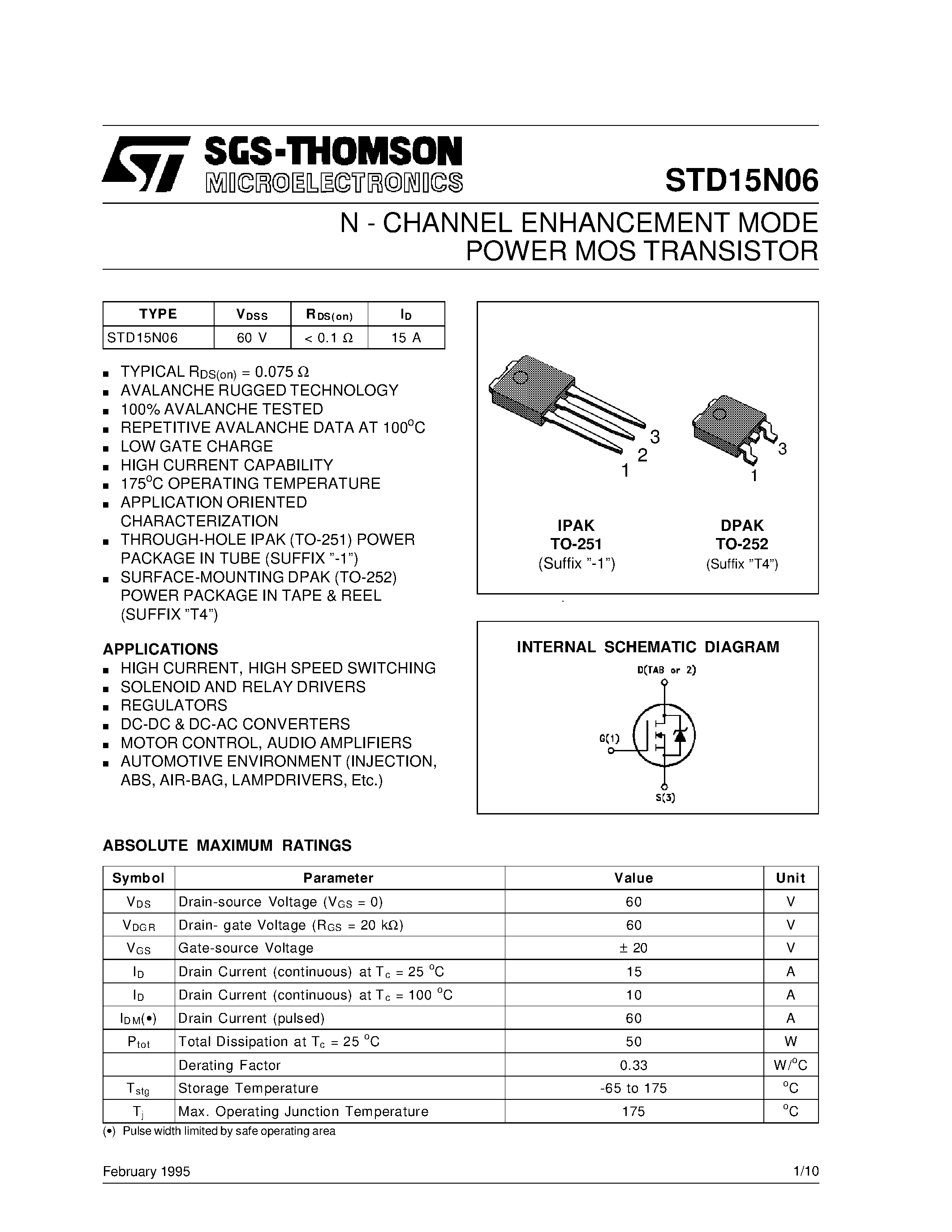 Даташит STD15N06 - N-CHANNEL POWER MOSFET страница 1