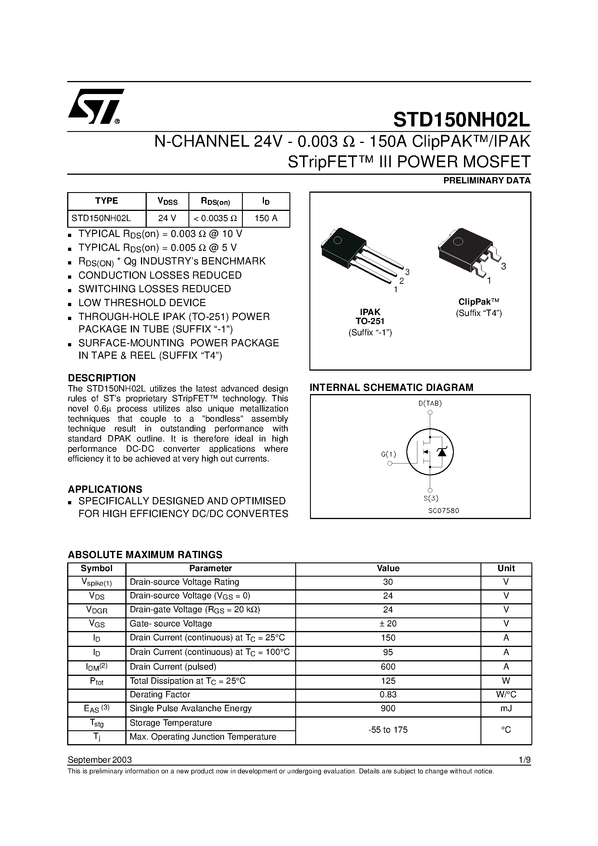 Даташит STD150NH02L - N-CHANNEL POWER MOSFET страница 1