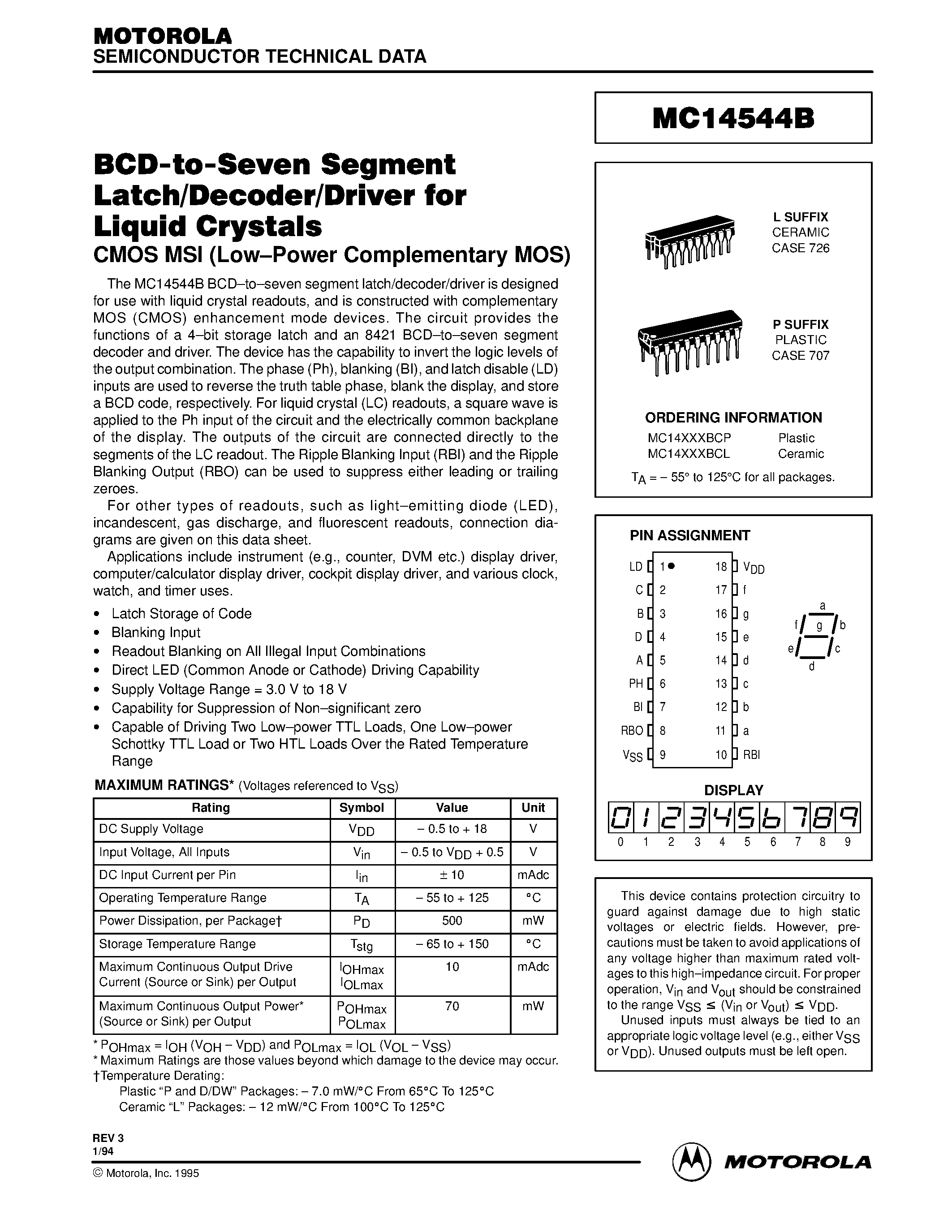 Даташит MC14544B - BCD-to-Seven Segment Latch/Decoder/Driver for Liquid Crystals страница 1