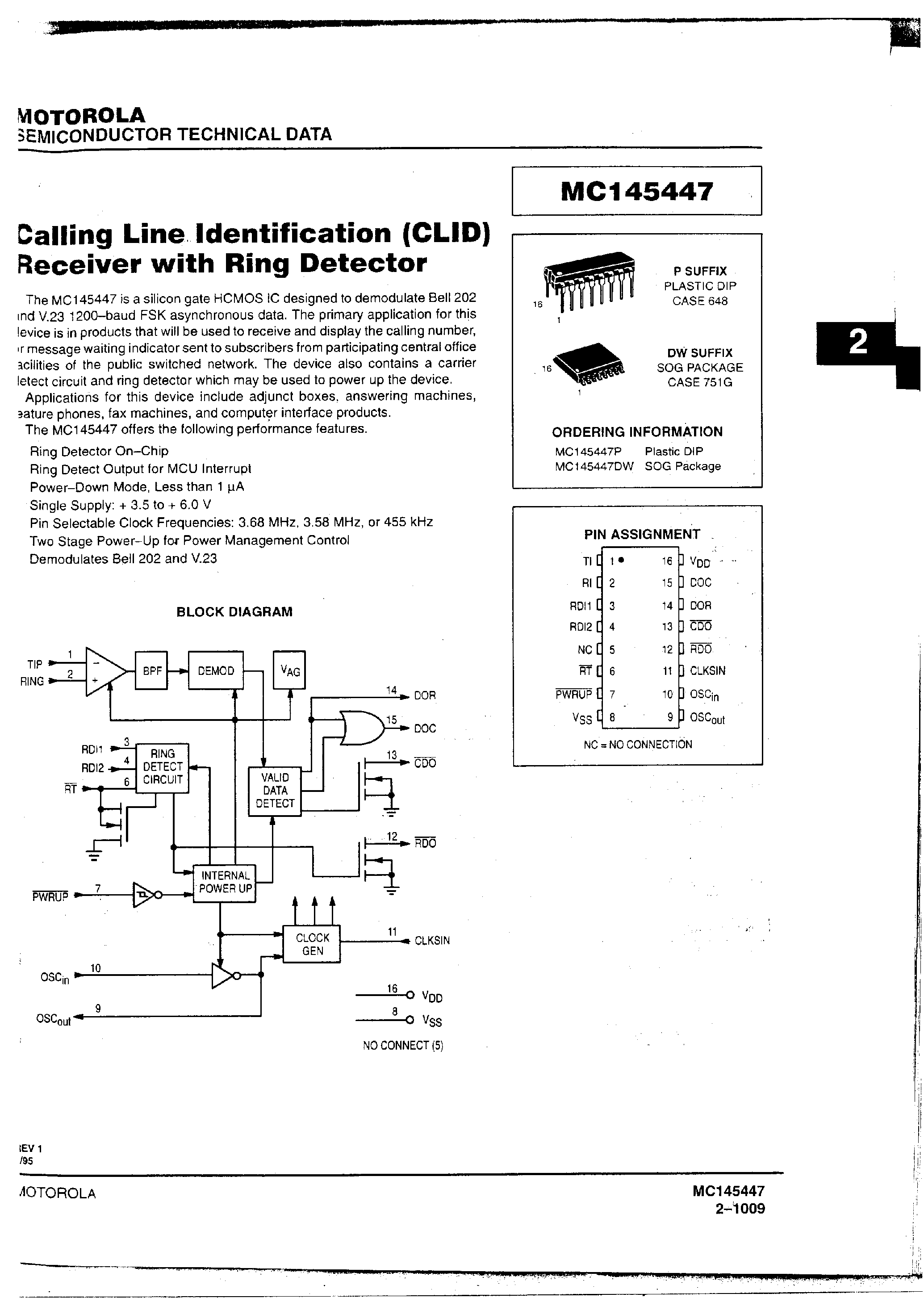 Даташит MC145447 - Calling Line Identification(CLID) Receiver with Ring Detector страница 1