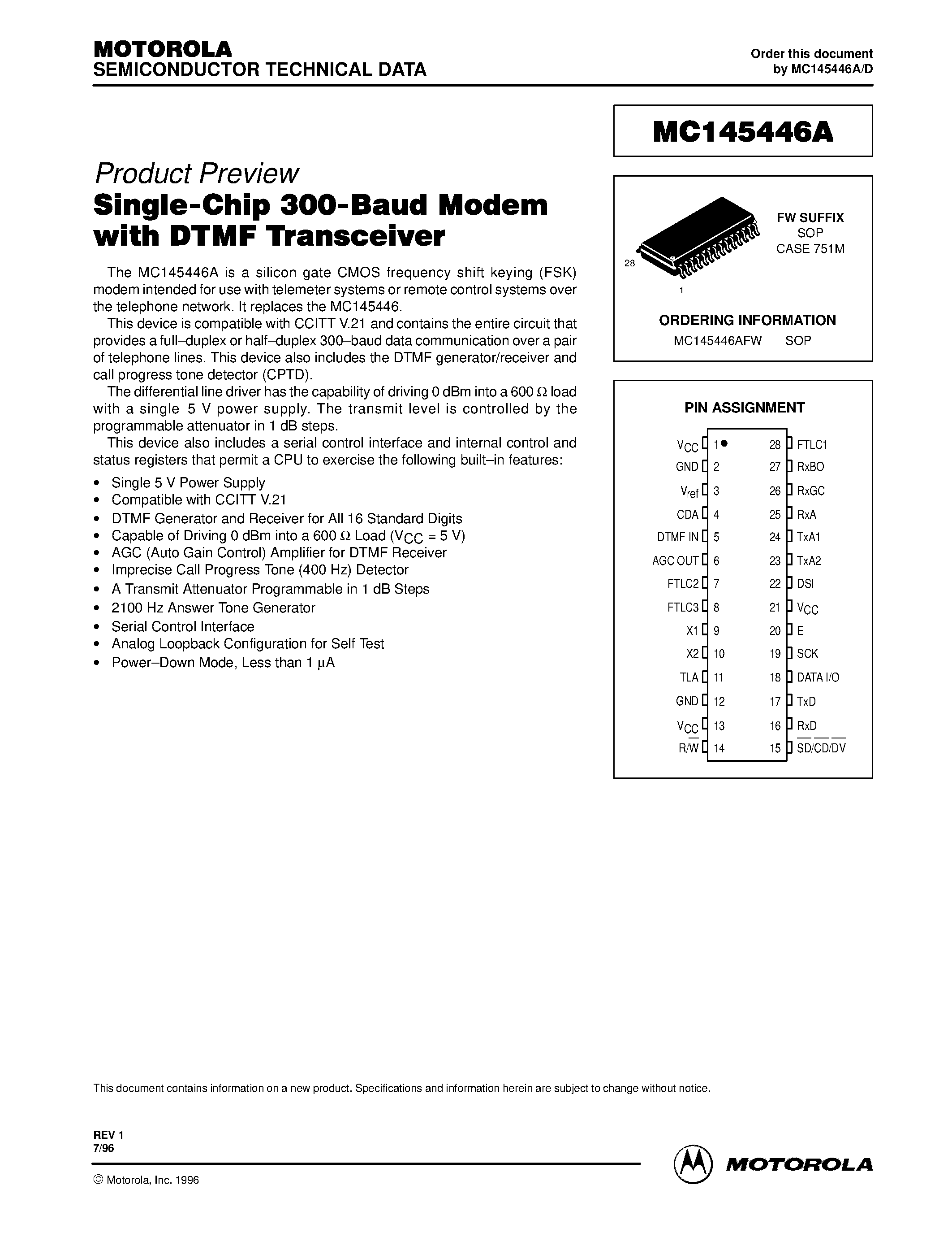 Даташит MC145446A - Single-Chip 300-Baud Modem with DTMF Transceiver страница 1