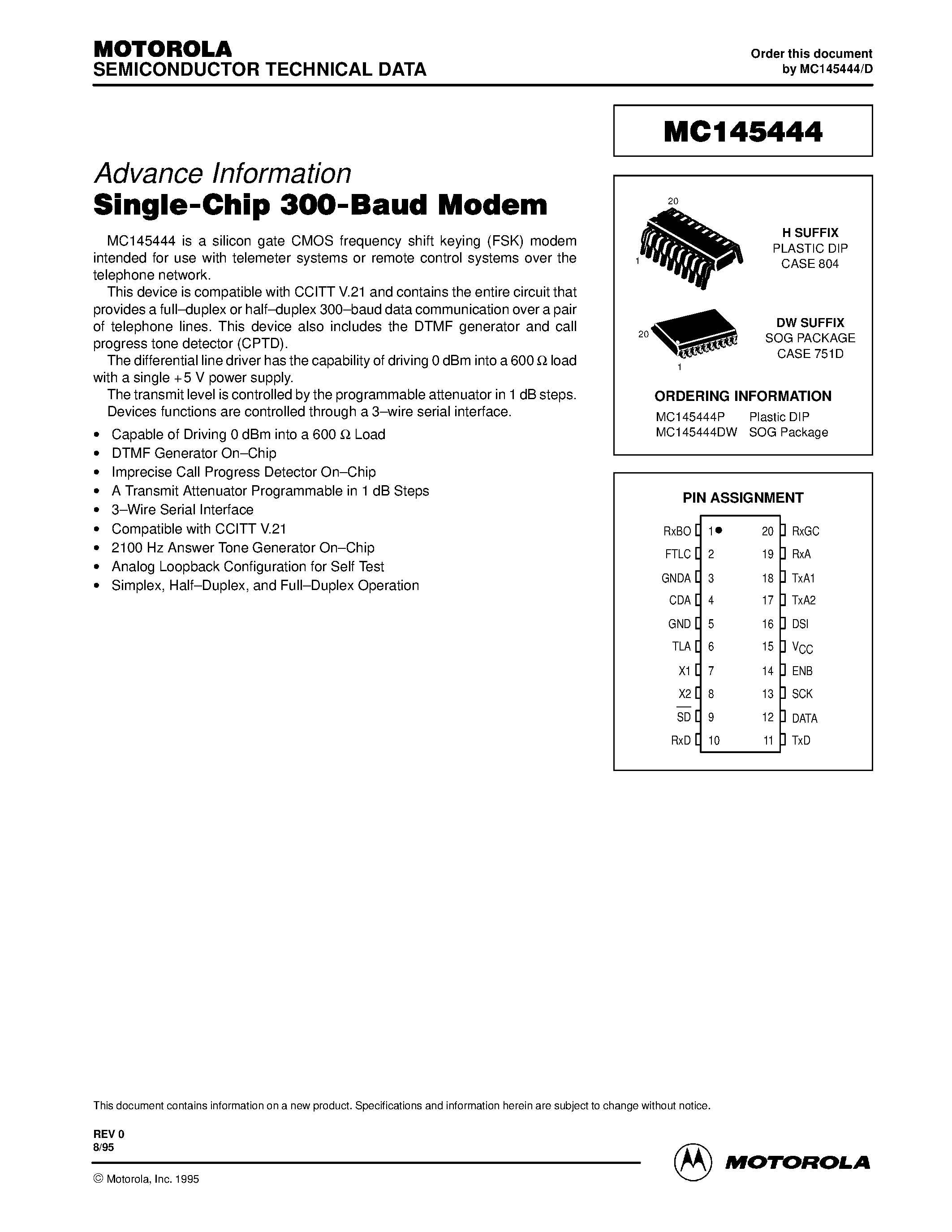 Даташит MC145444 - Single-Chip 300-Baud Modem страница 1