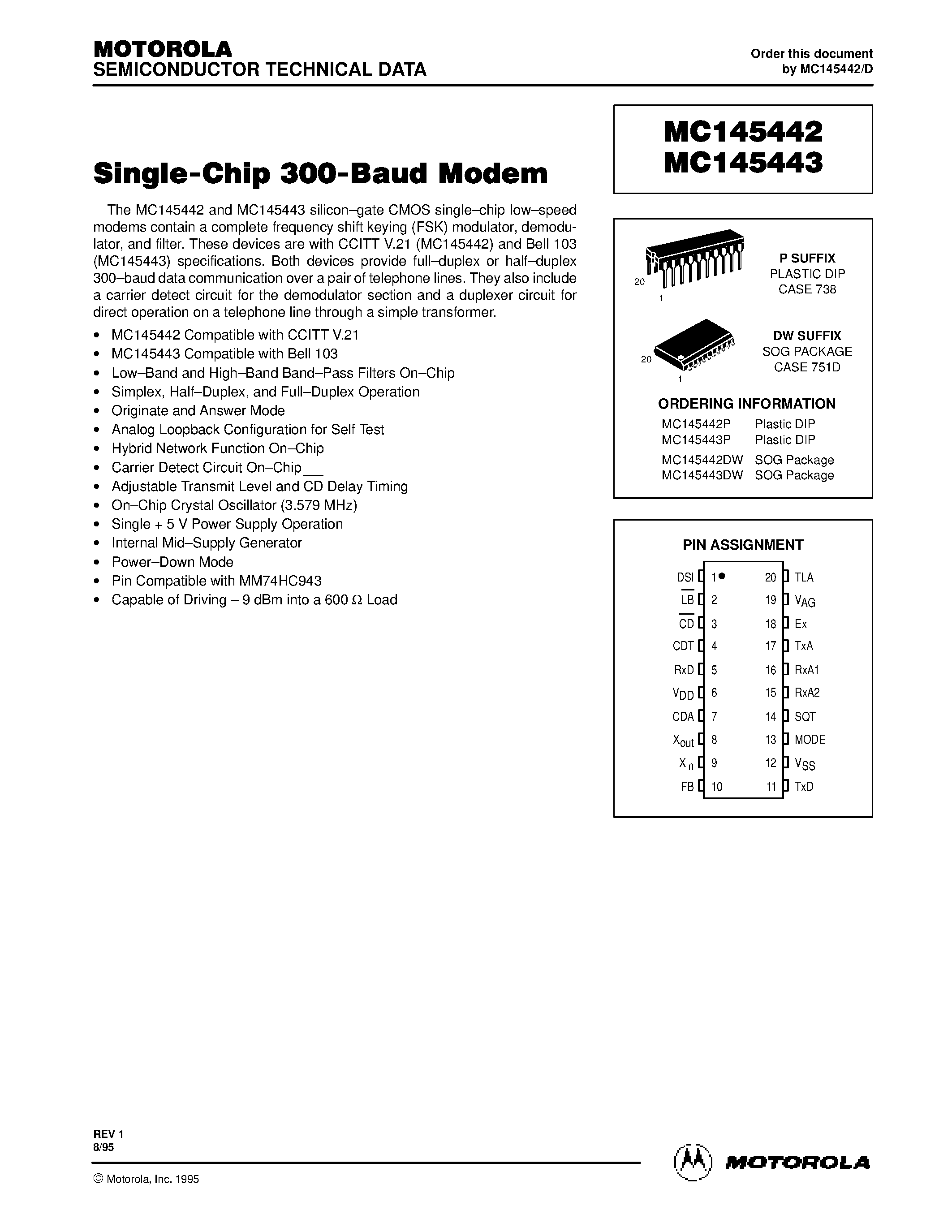 Даташит MC145442 - Single-Chip 300-Baud Modem страница 1