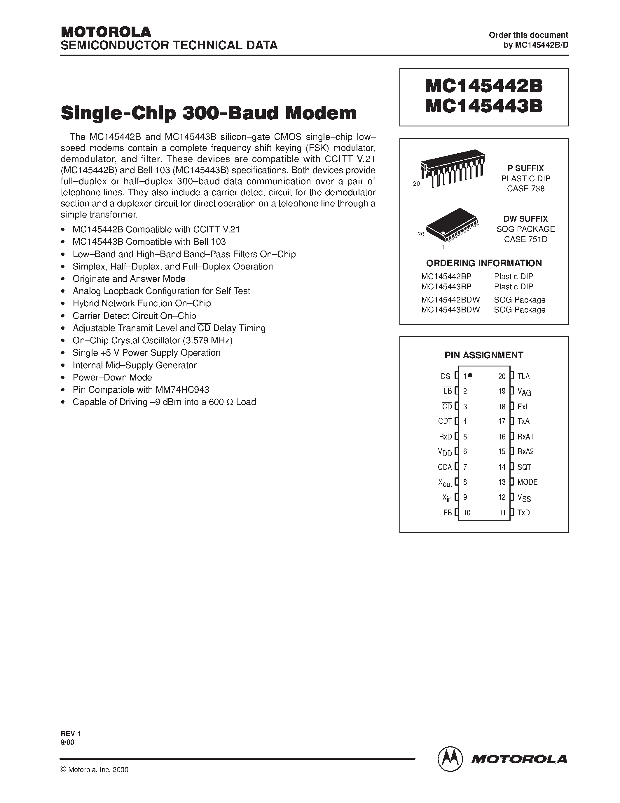 Даташит MC145442B - Single-Chip 300-Baud Modem страница 1