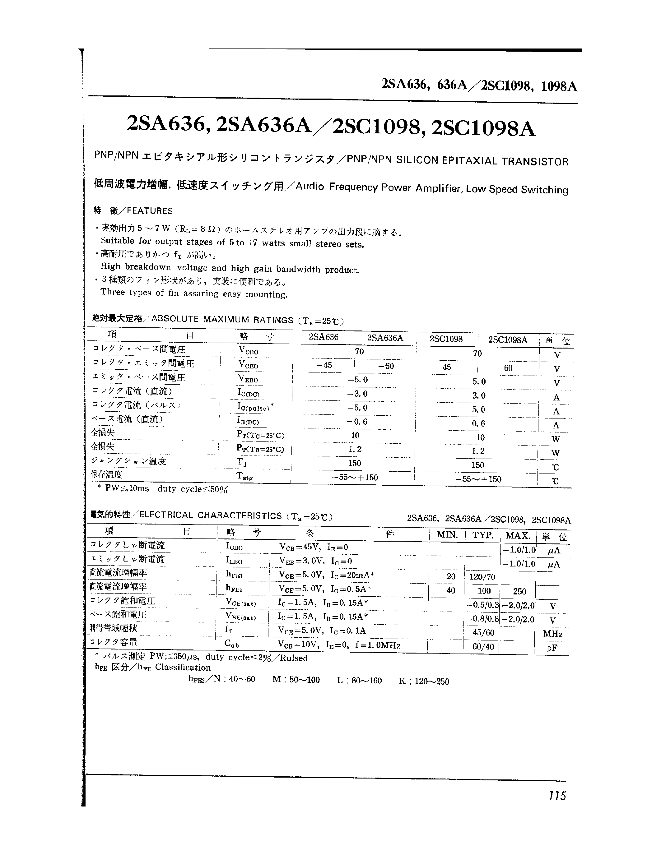 Datasheet 2SC1098 - PNP/NPN SILICON EPITAXIAL TRANSISTOR page 1