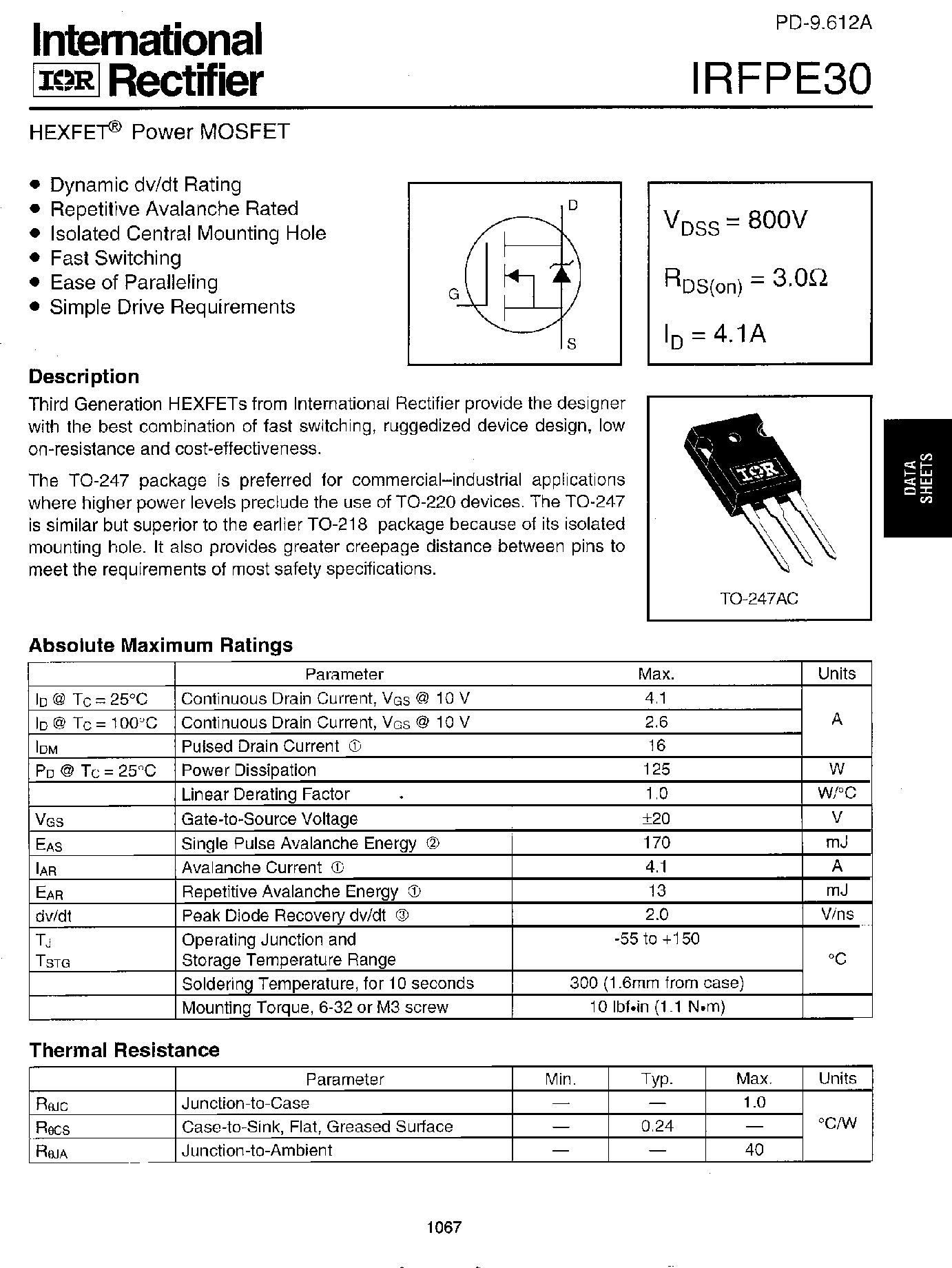 Datasheet IRFPE30 - Power MOSFET page 1