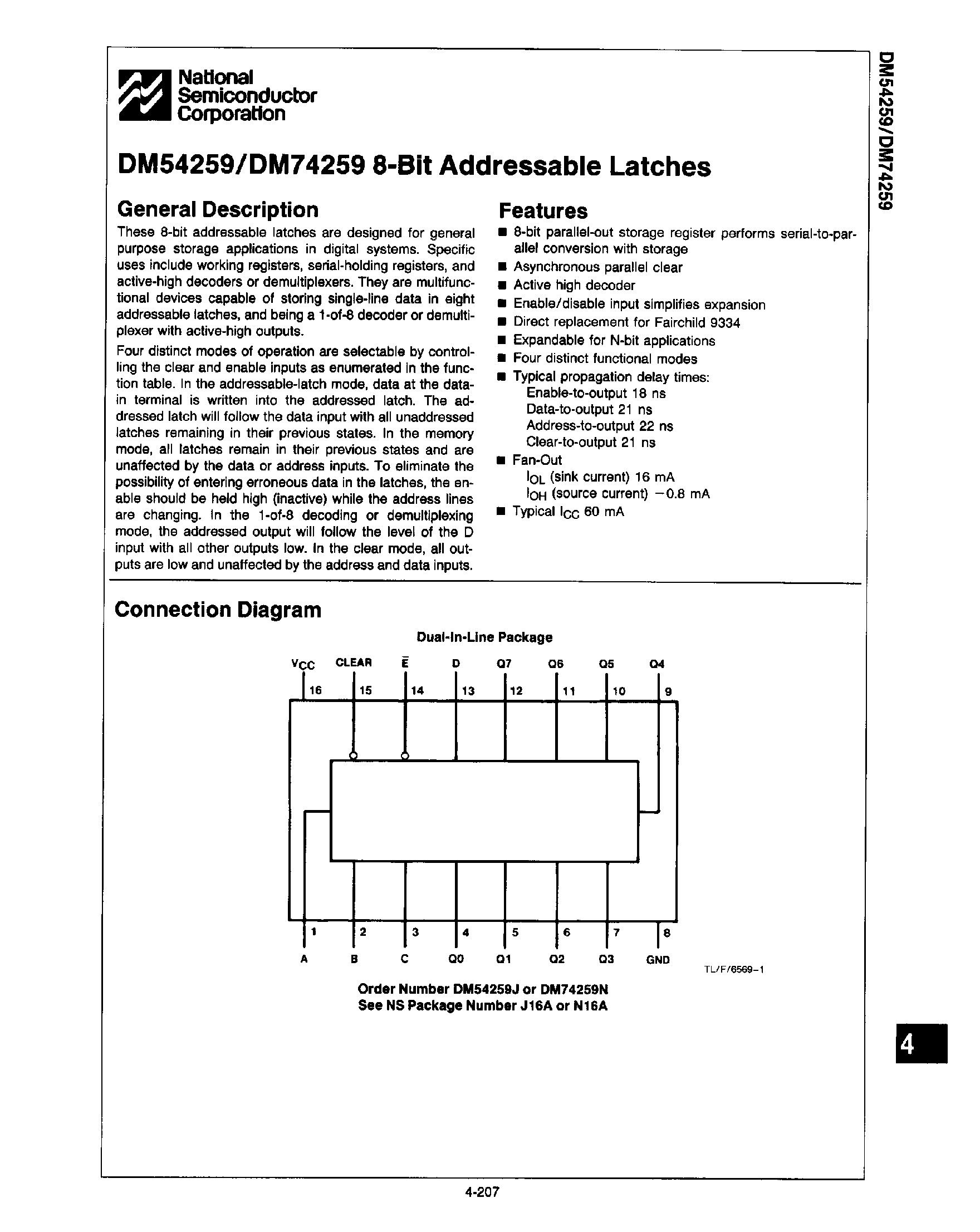 Datasheet DM74259 - 8-Bit Addressable Latches page 1